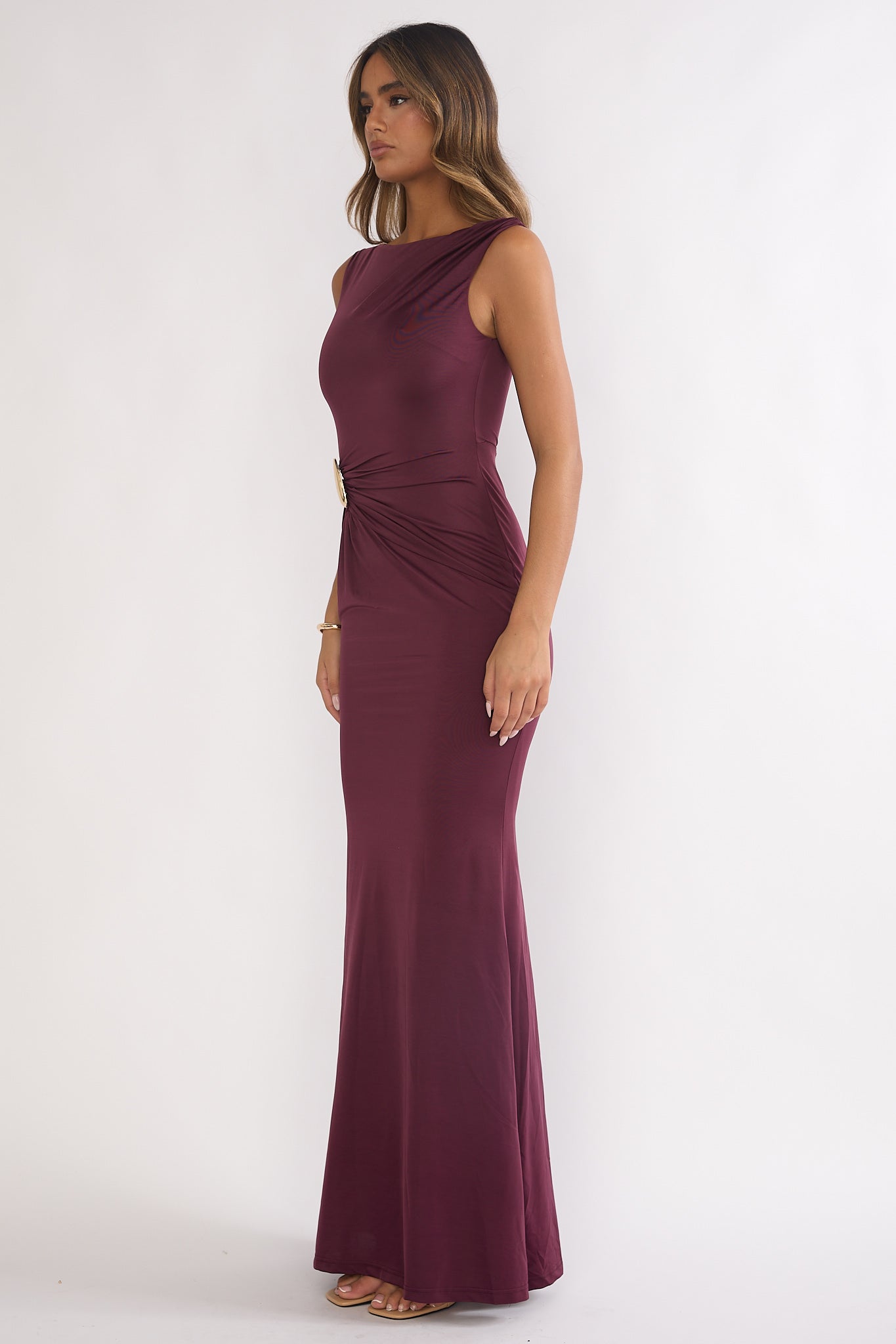 Isalyn Gathered Waist Maxi Dress Burgundy-Maymioy