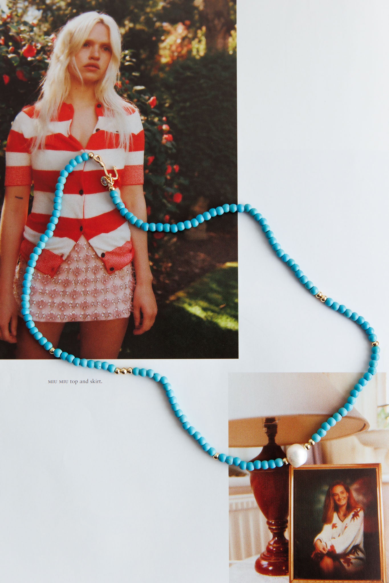 Ibiza Turquoise Bead Pearl Necklace Gold-Maymioy