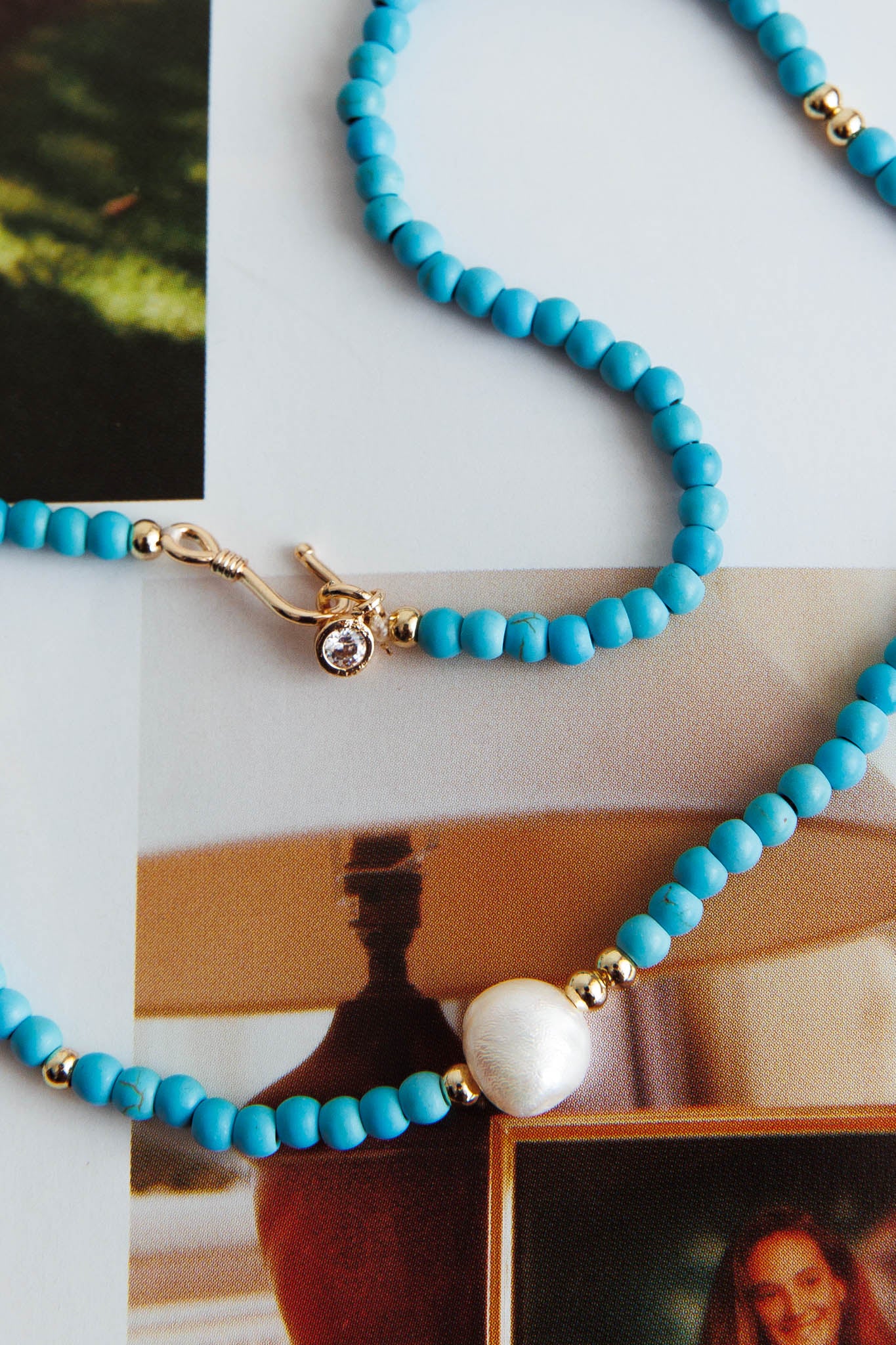 Ibiza Turquoise Bead Pearl Necklace Gold-Maymioy