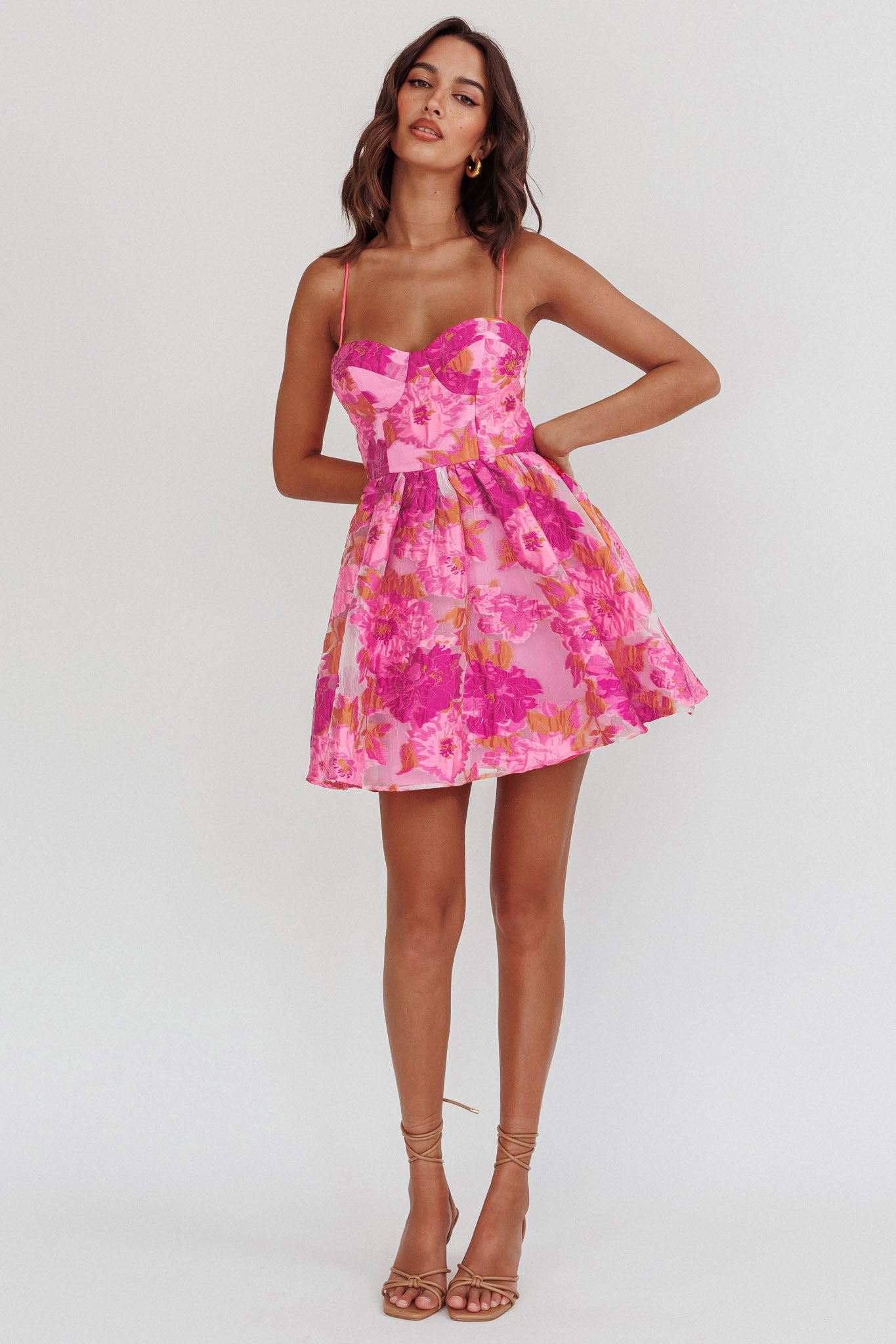 Belle Enchante Cami Strap Jacquard Mini Dress Pink-Maymioy