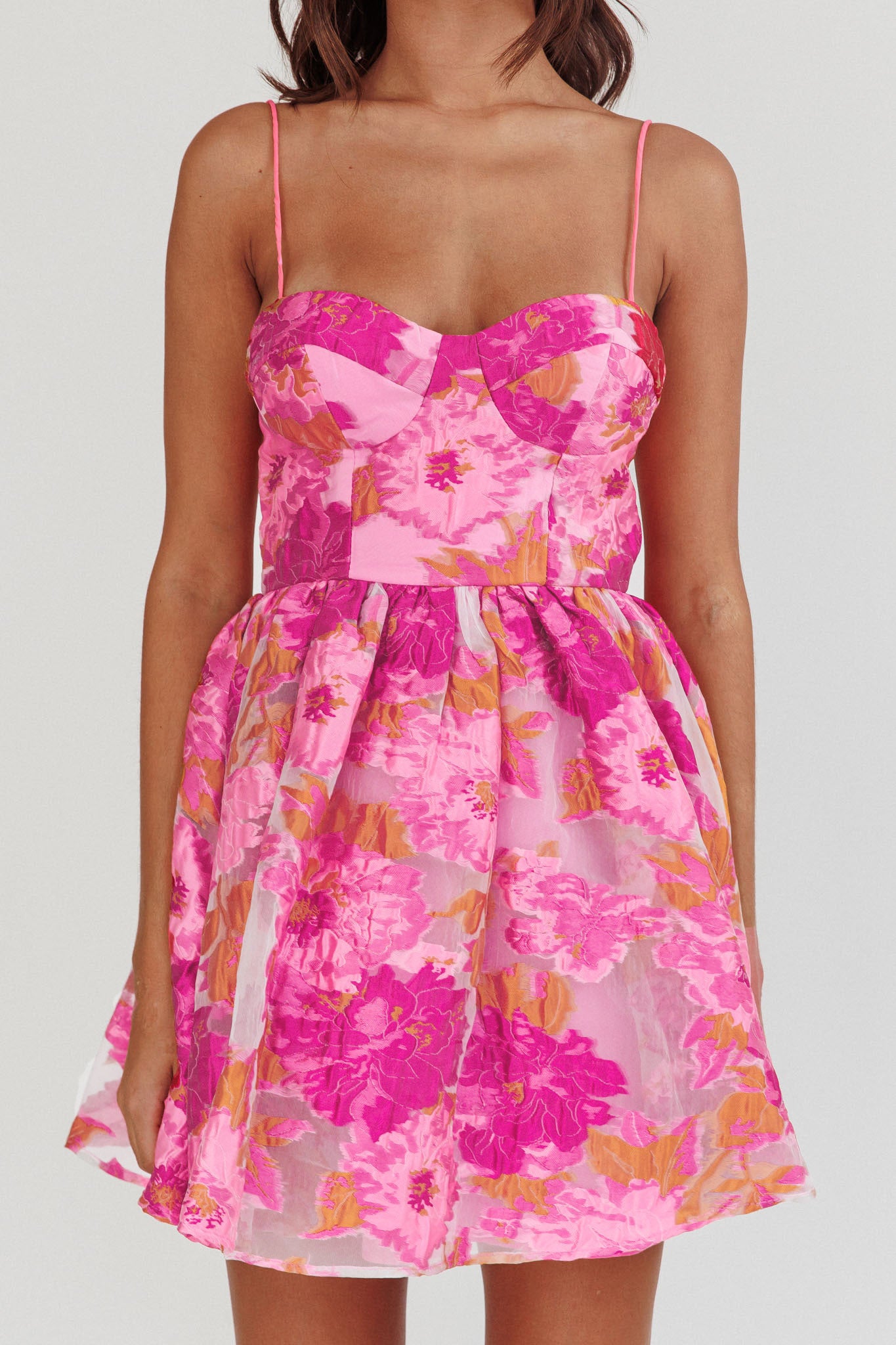 Belle Enchante Cami Strap Jacquard Mini Dress Pink-Maymioy