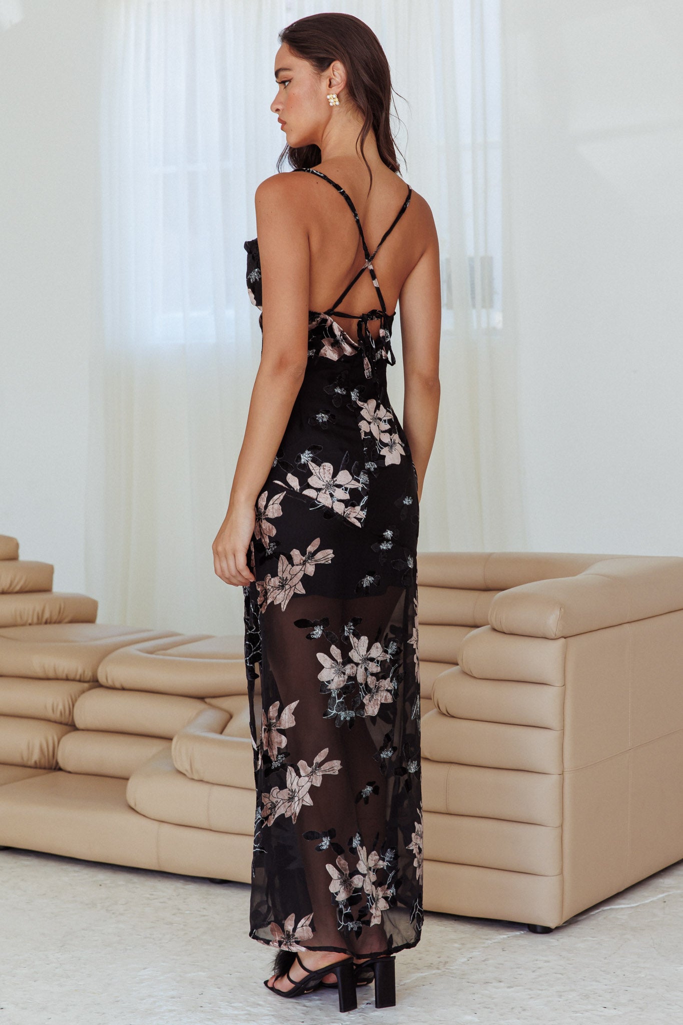 Personal Invitation Split Maxi Dress Flowers Black-Maymioy