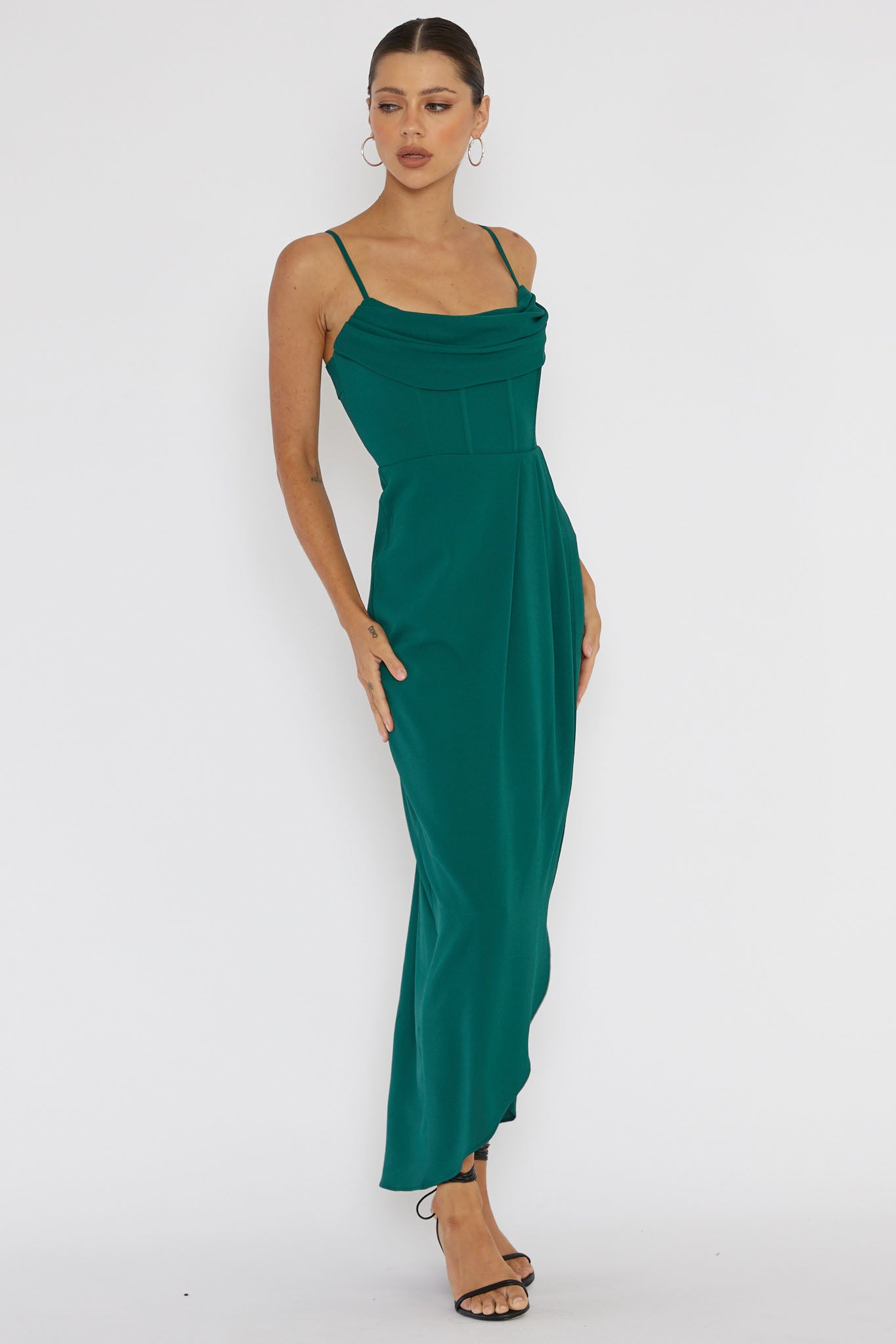 Patrice Draped Neck Split Midi Dress Forest Green-Maymioy