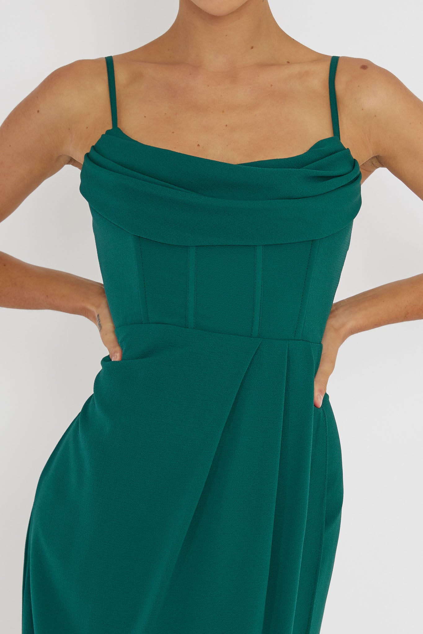 Patrice Draped Neck Split Midi Dress Forest Green-Maymioy