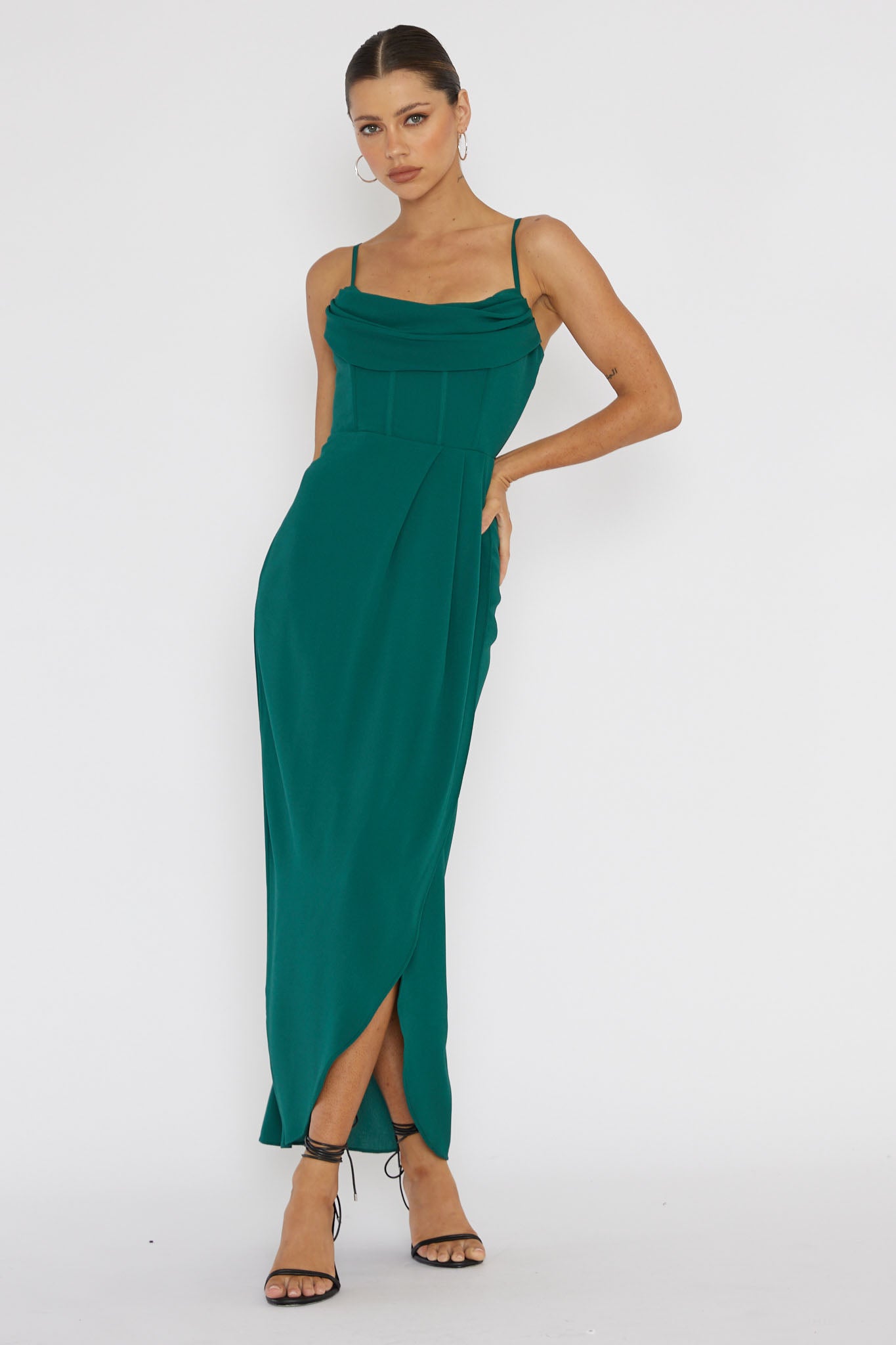 Patrice Draped Neck Split Midi Dress Forest Green-Maymioy