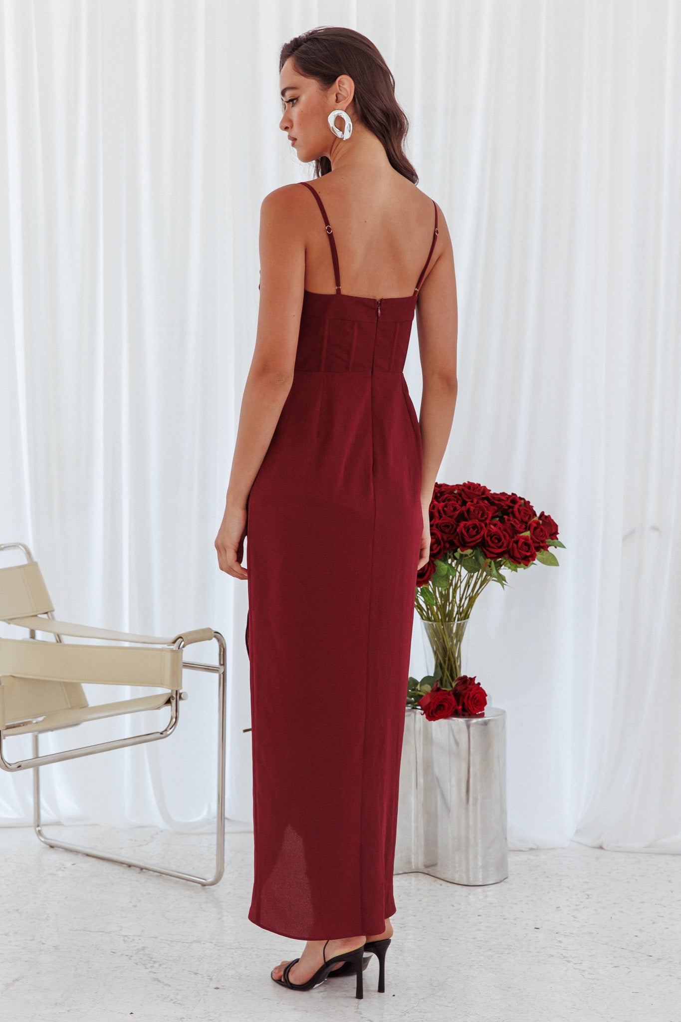 Patrice Draped Neck Split Midi Dress Wine-Maymioy