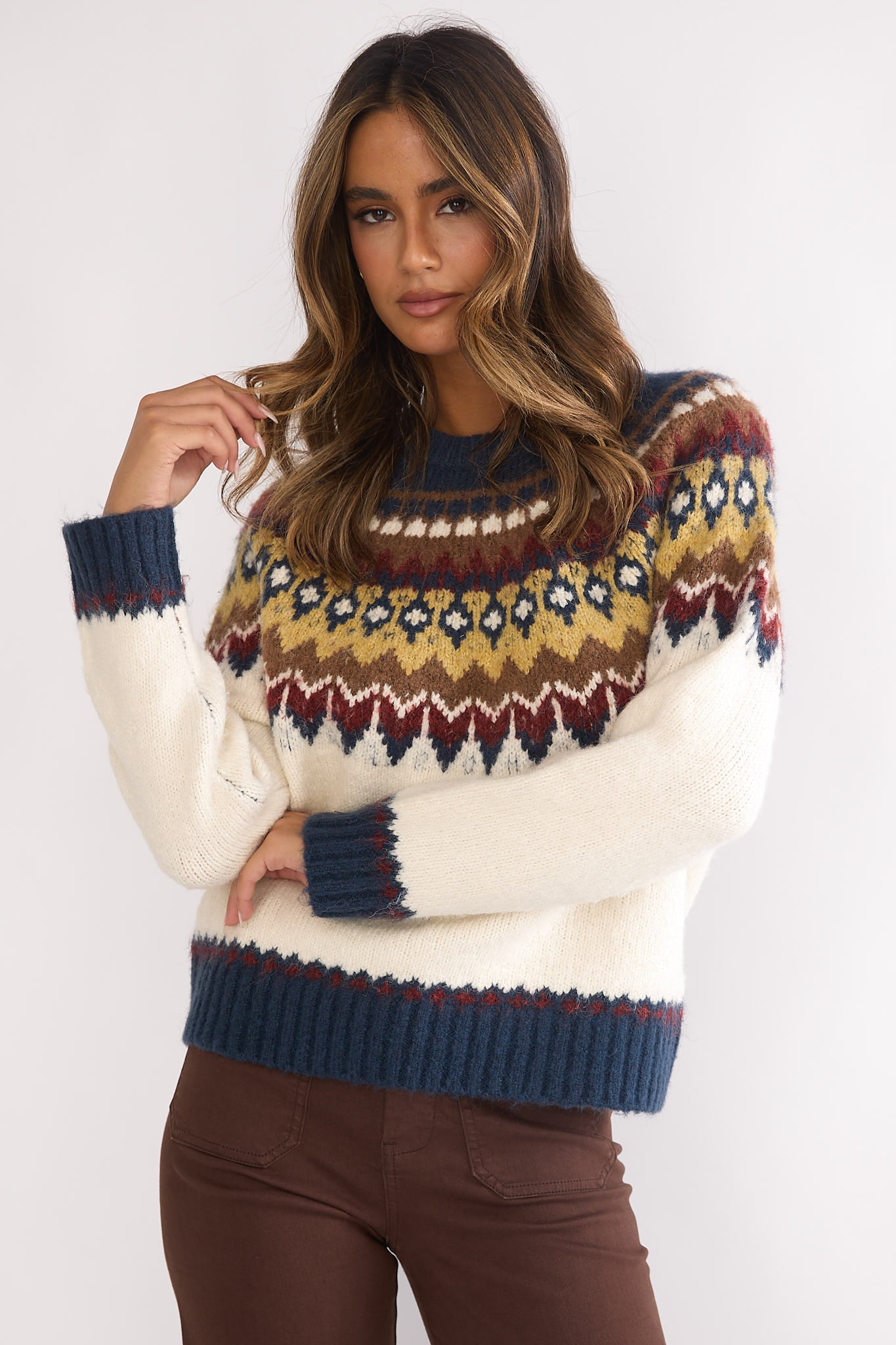 Irelia Long Sleeve Knit Top Ivory Multi-Maymioy