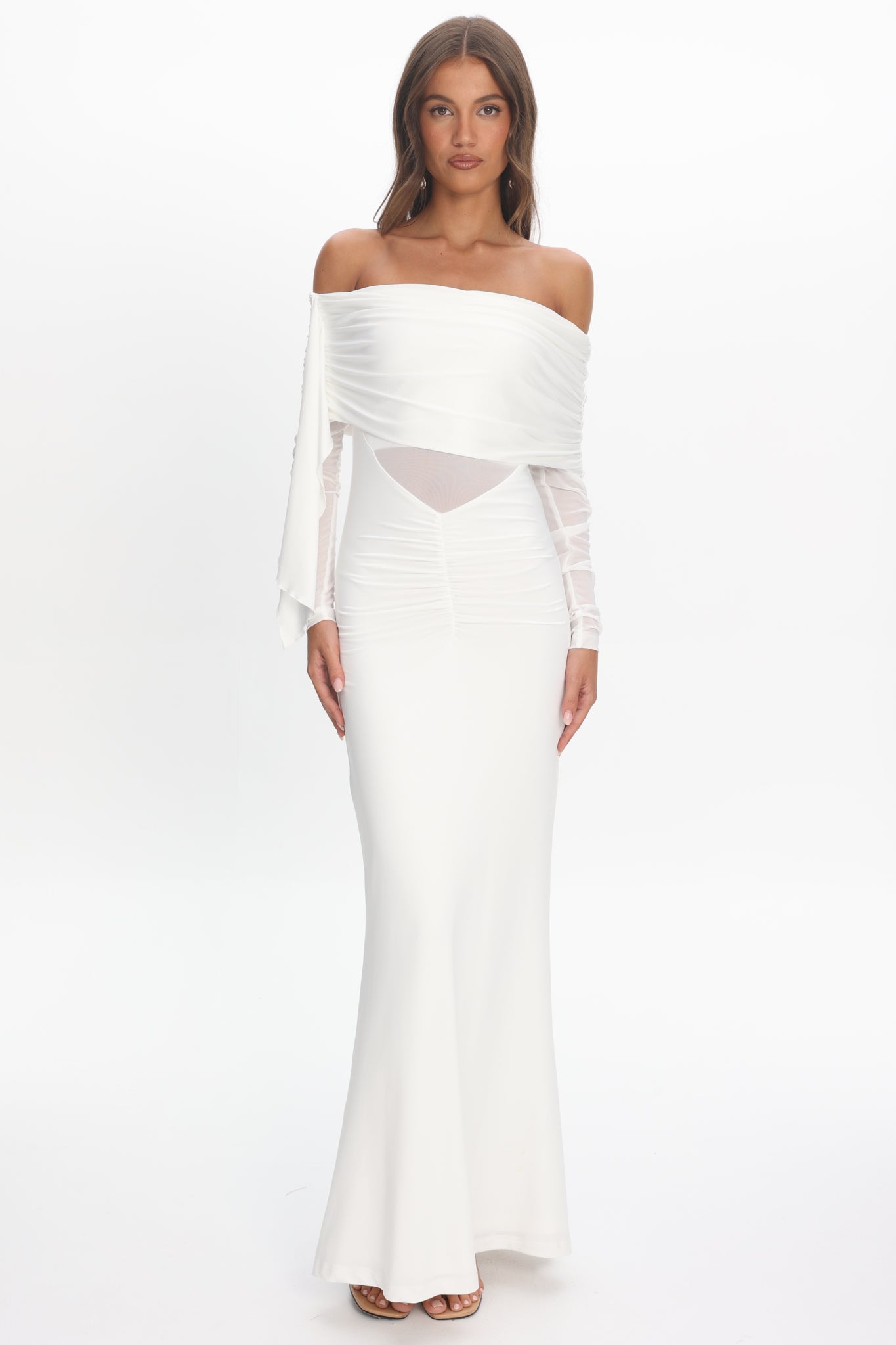 Marlowe Off-Shoulder Sheer Waist Maxi Dress Off White-Maymioy