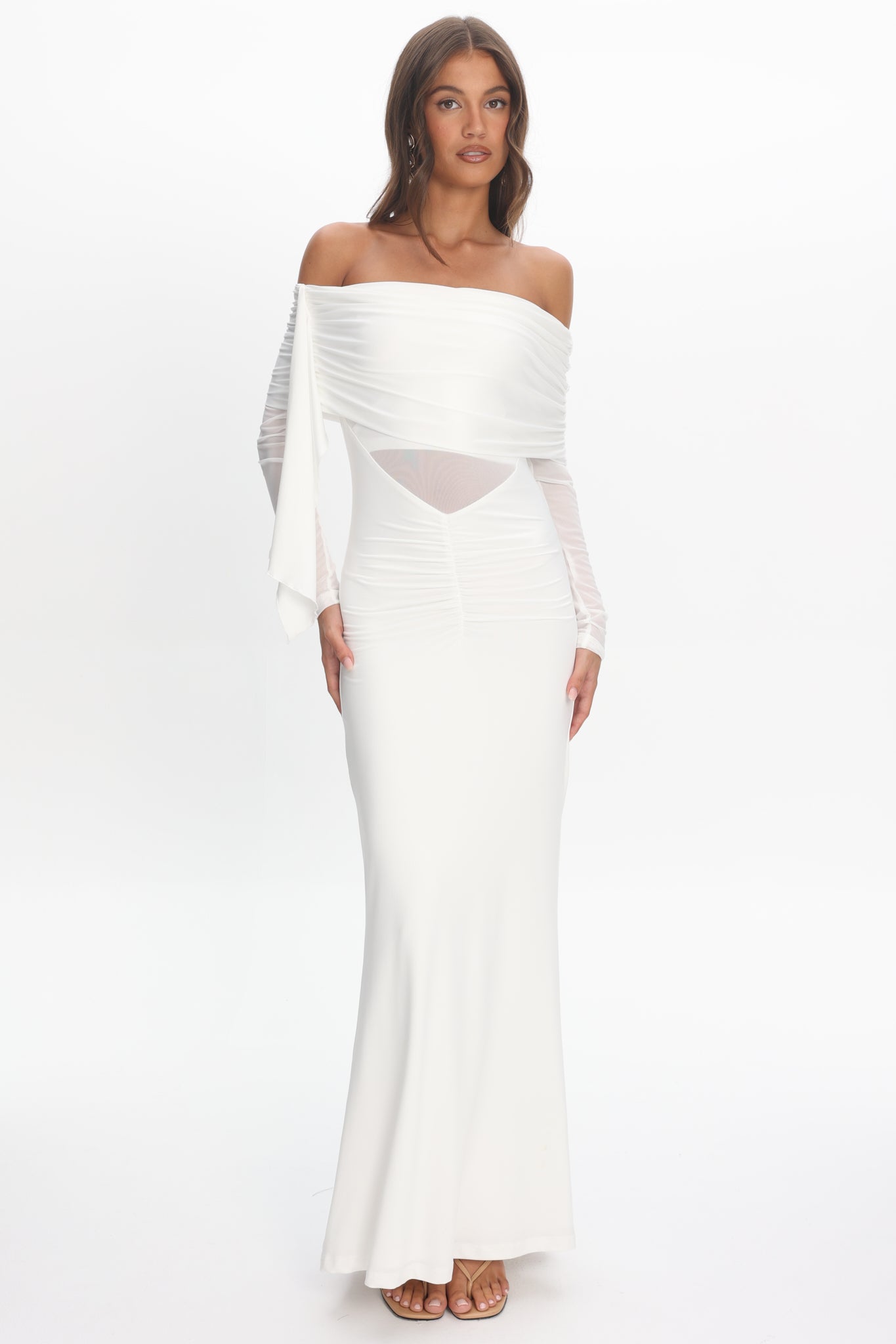 Marlowe Off-Shoulder Sheer Waist Maxi Dress Off White-Maymioy