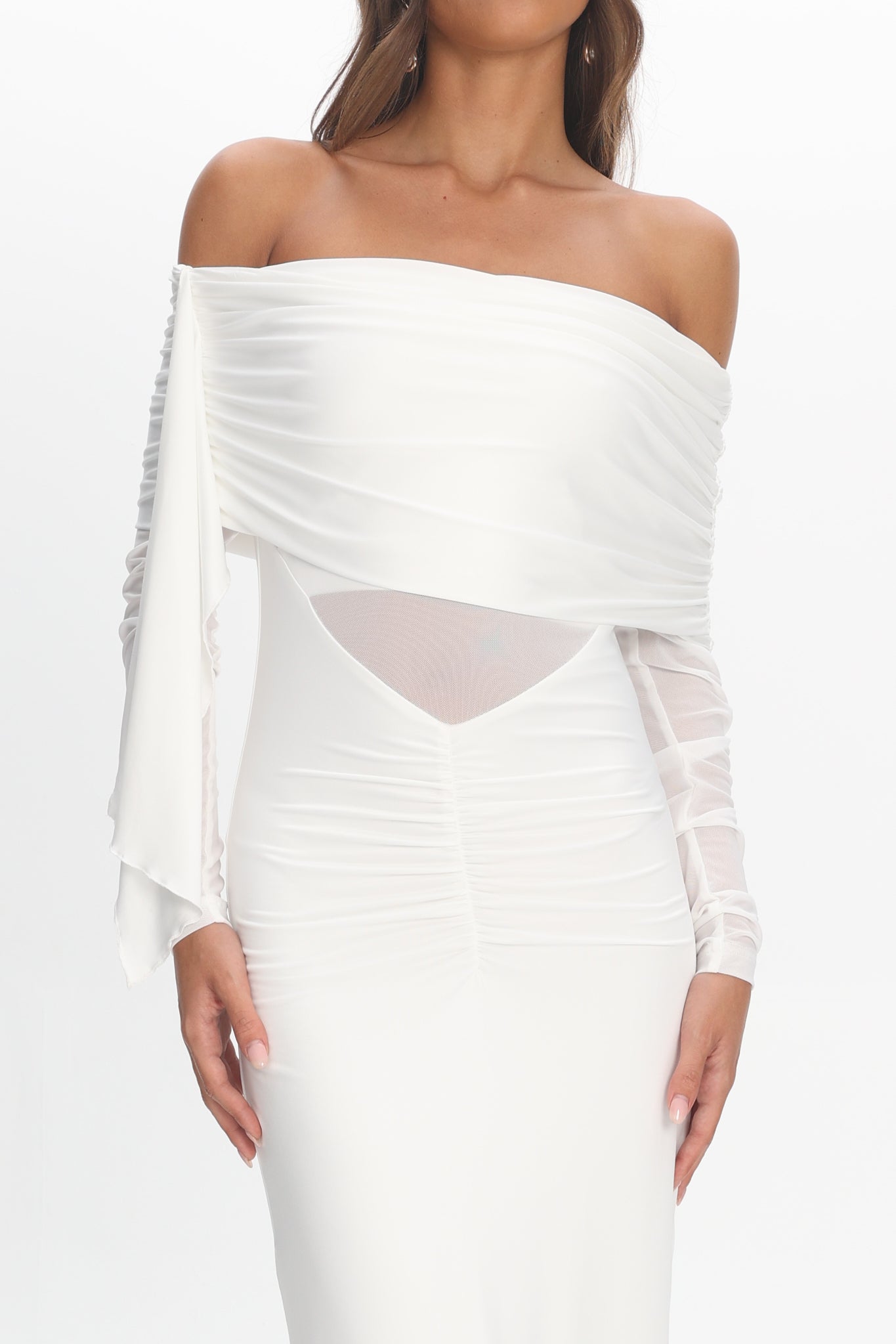 Marlowe Off-Shoulder Sheer Waist Maxi Dress Off White-Maymioy