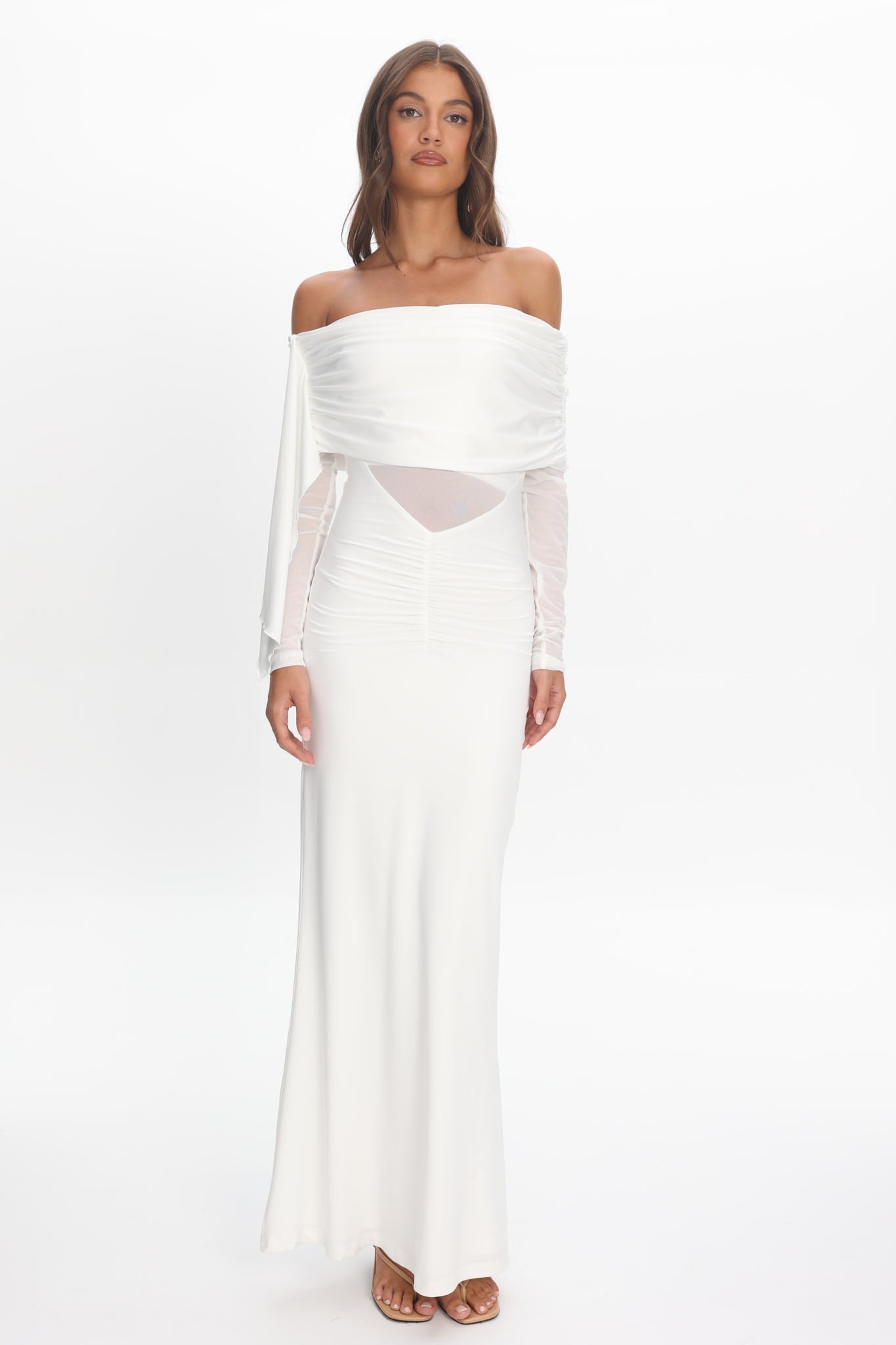 Marlowe Off-Shoulder Sheer Waist Maxi Dress Off White-Maymioy