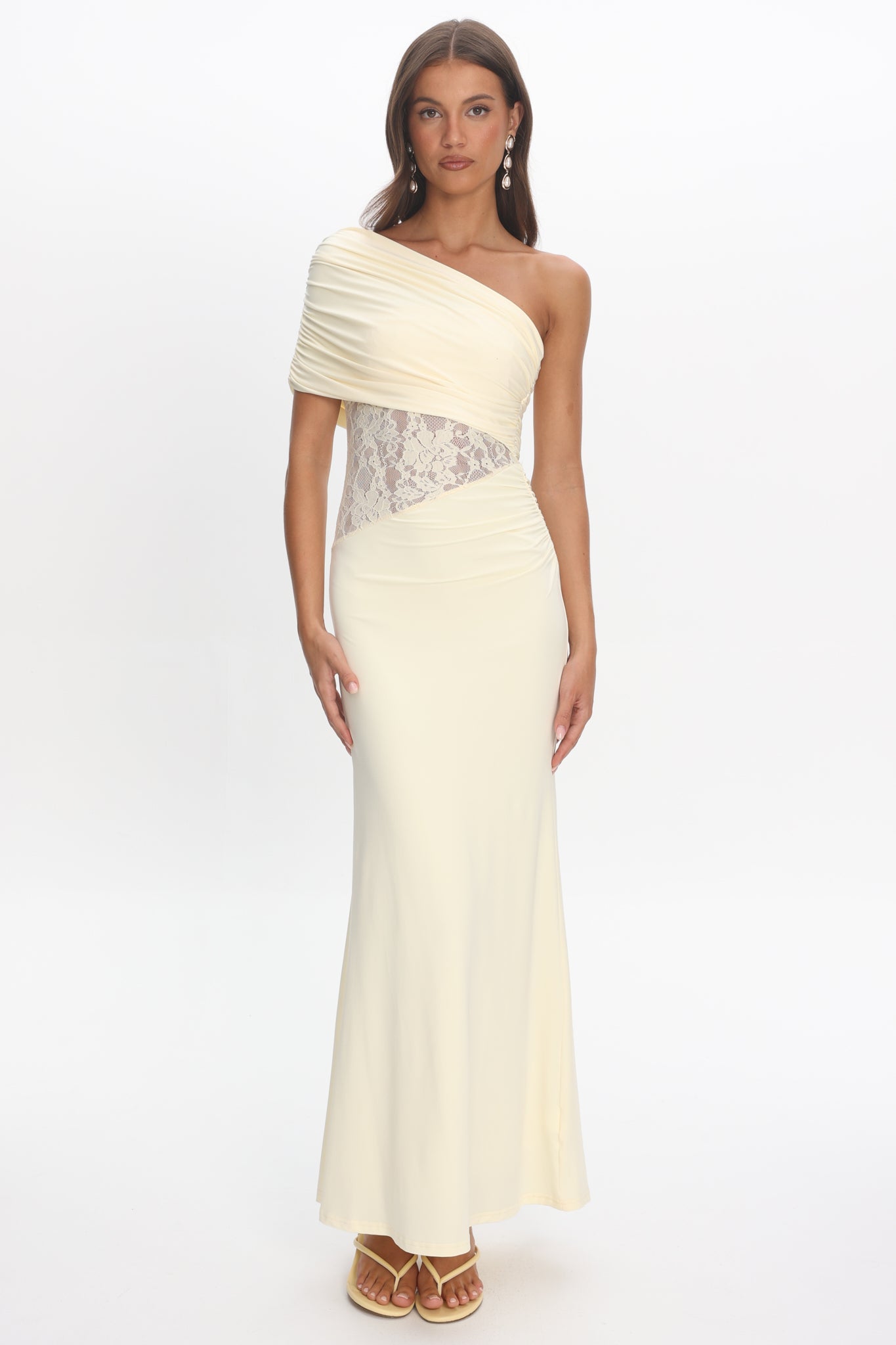 Mallorca Asymmetric Neckline Lace Maxi Dress Butter-Maymioy