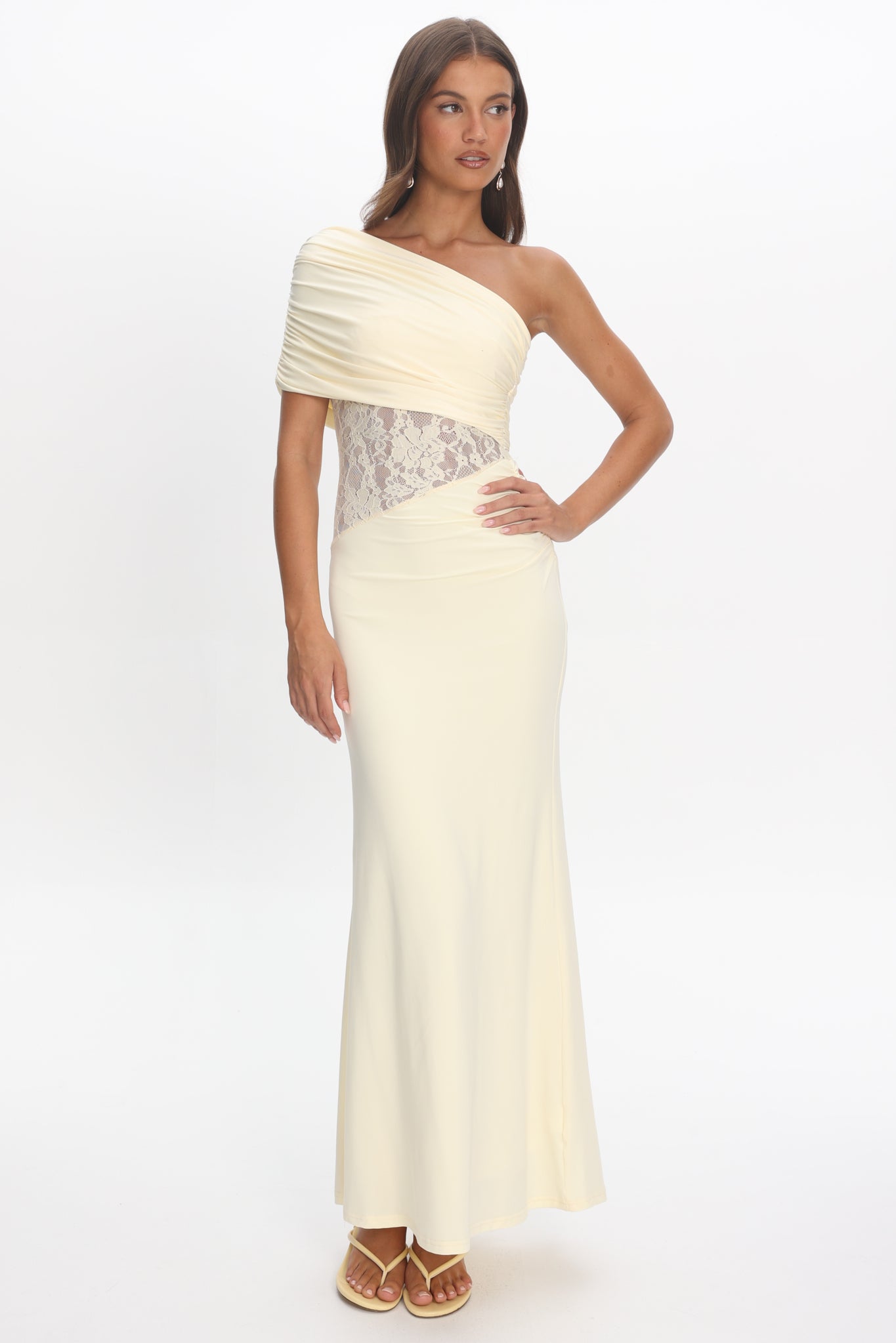 Mallorca Asymmetric Neckline Lace Maxi Dress Butter-Maymioy