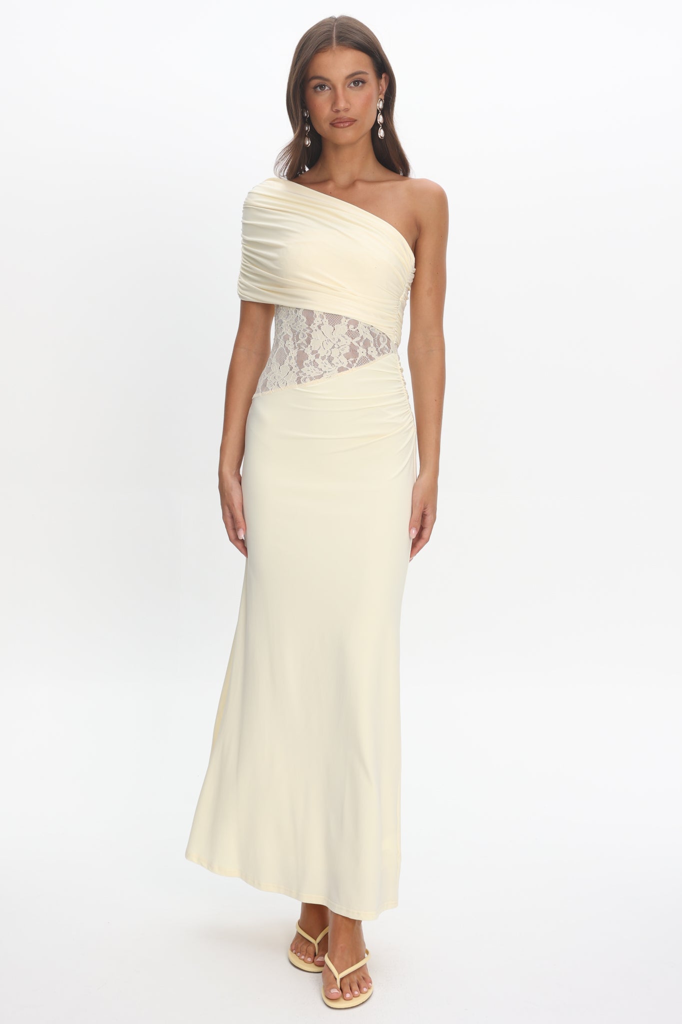 Mallorca Asymmetric Neckline Lace Maxi Dress Butter-Maymioy