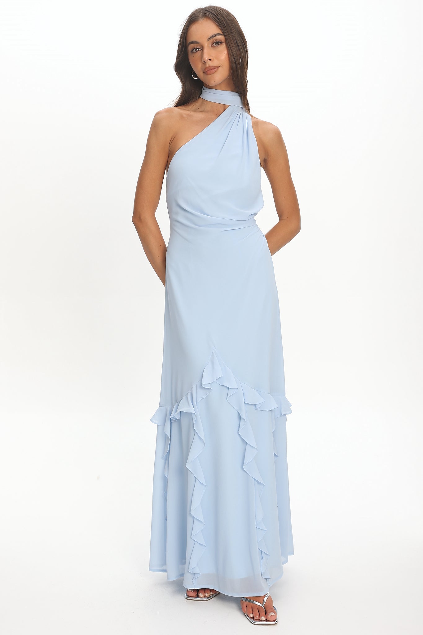 Lorielle One-Shoulder Ruffle Trim Maxi Dress Blue-Maymioy