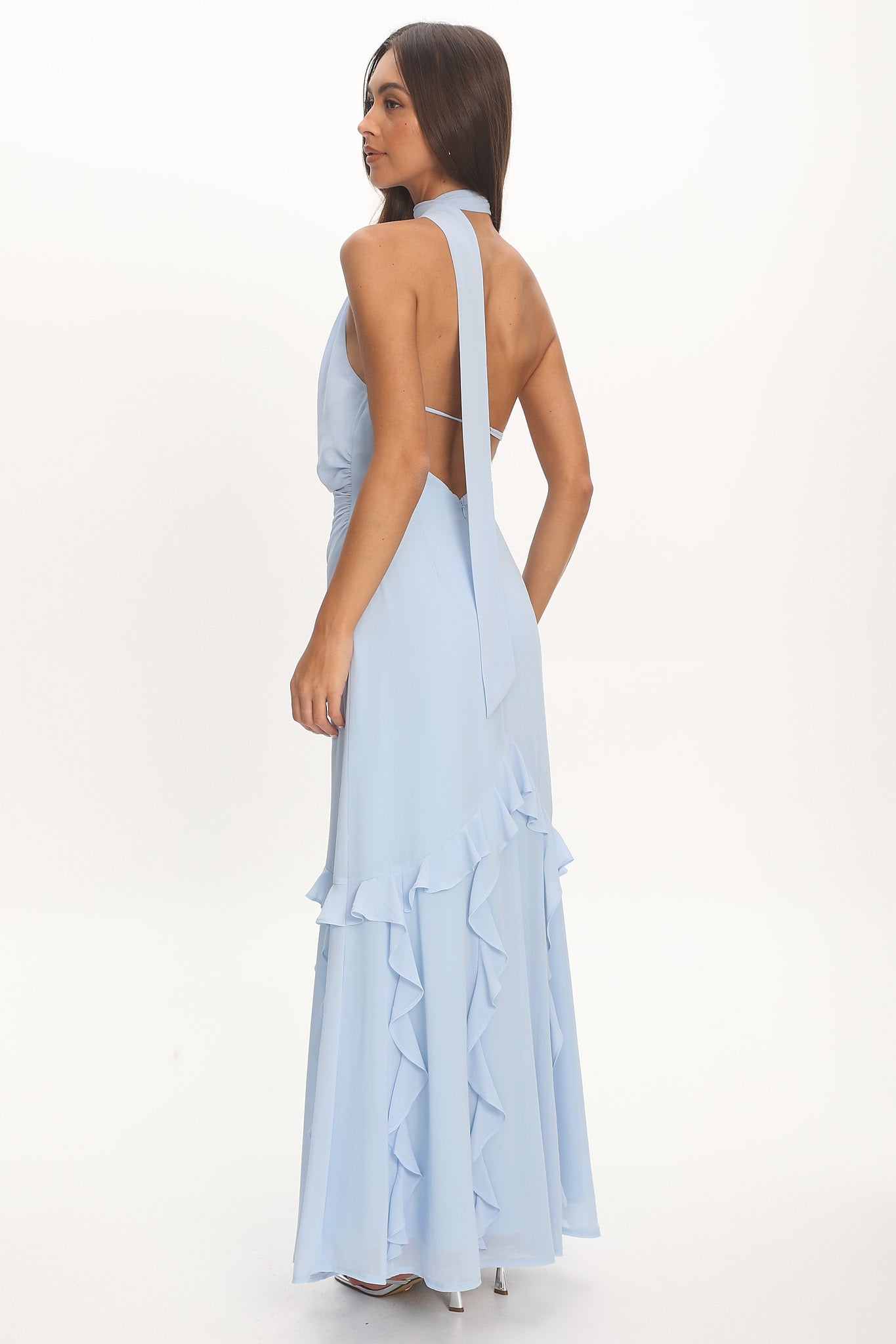 Lorielle One-Shoulder Ruffle Trim Maxi Dress Blue-Maymioy