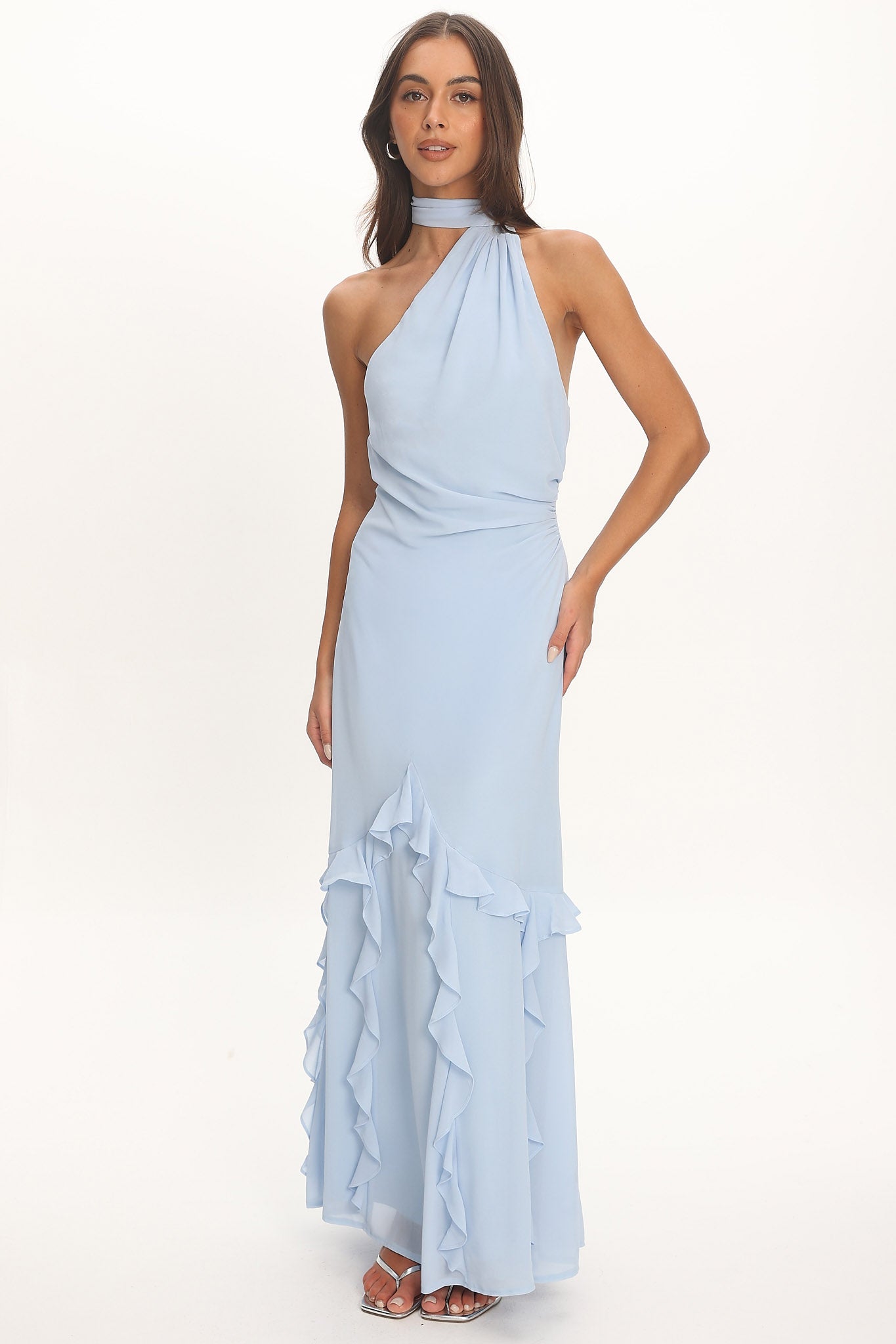Lorielle One-Shoulder Ruffle Trim Maxi Dress Blue-Maymioy