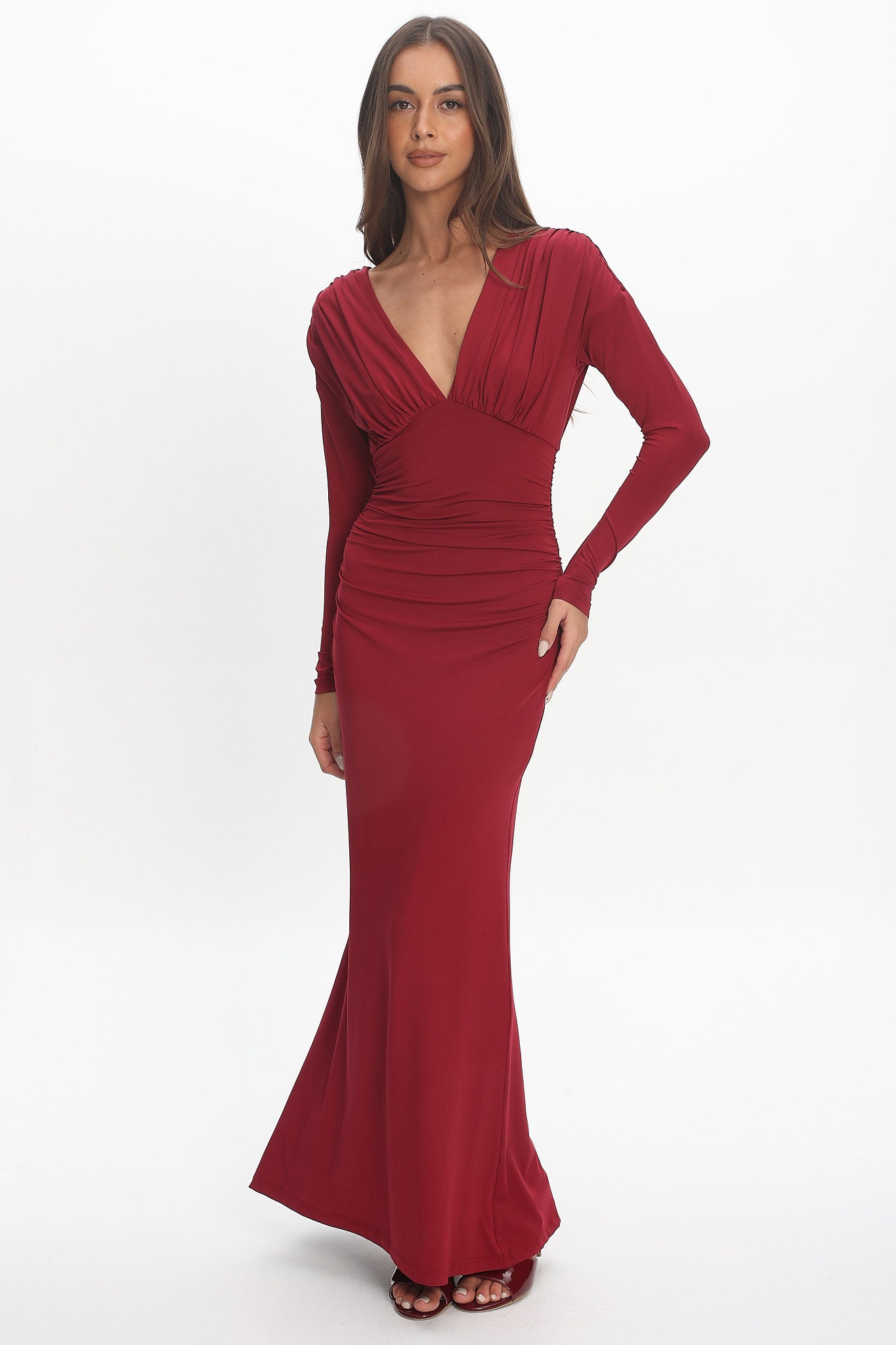Gilded Long Sleeve Ruched Maxi Dress Wine-Maymioy