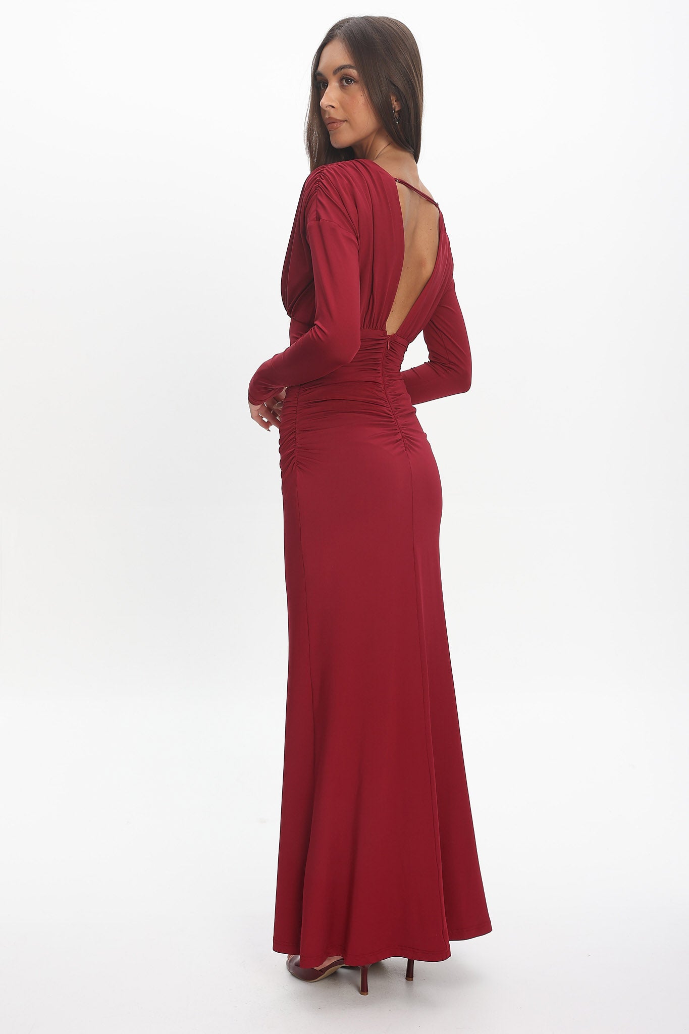 Gilded Long Sleeve Ruched Maxi Dress Wine-Maymioy