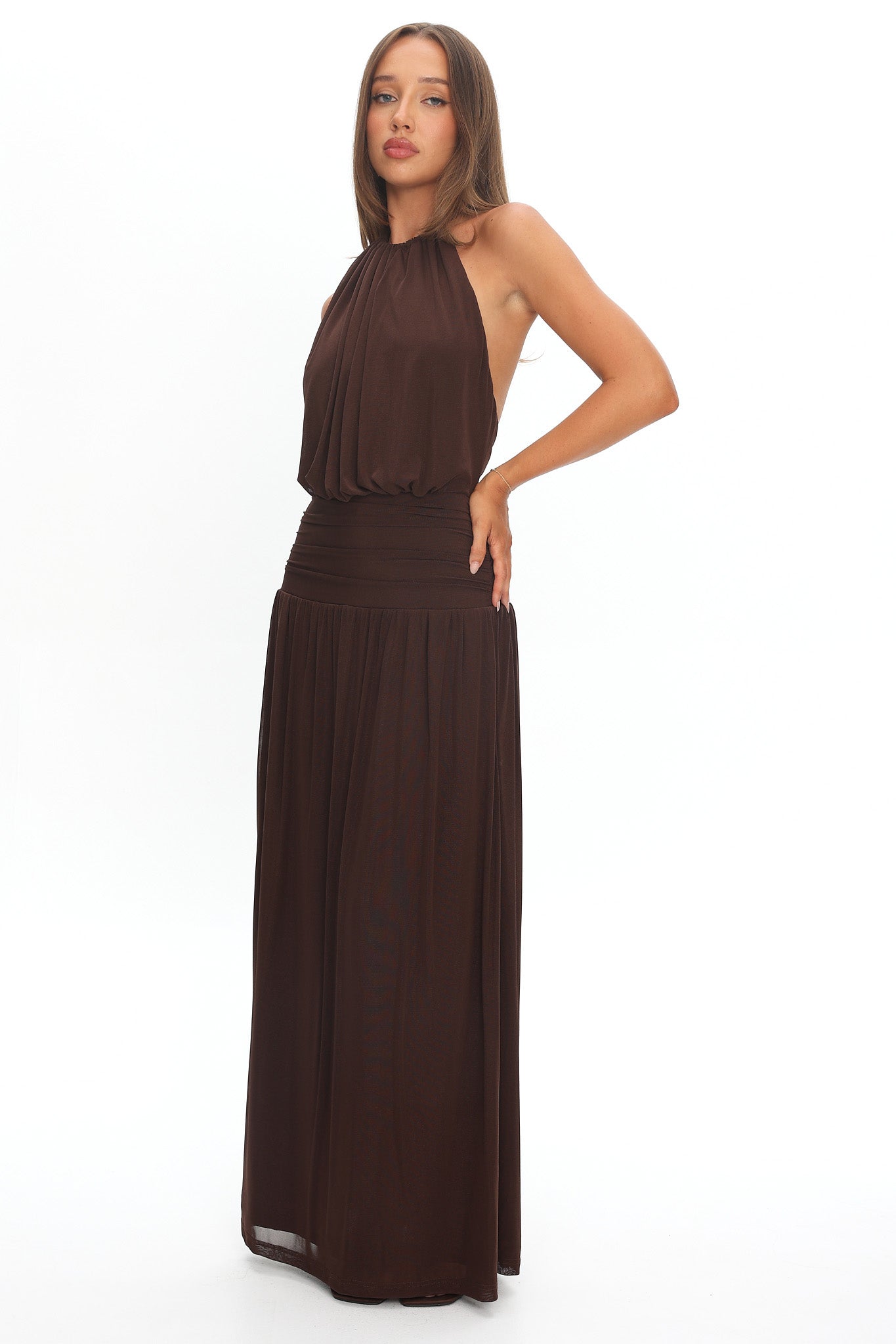 Entangled Backless Halter Maxi Dress Chocolate-Maymioy