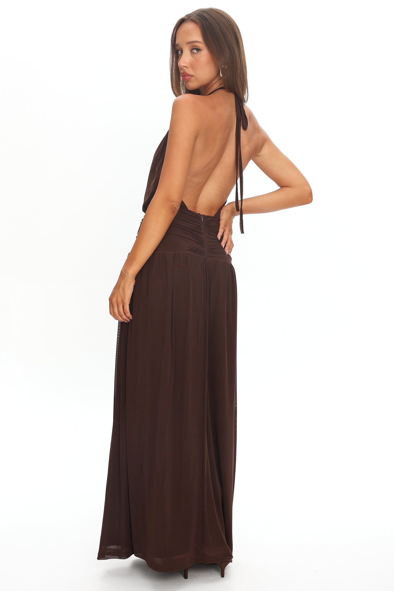 Entangled Backless Halter Maxi Dress Chocolate-Maymioy
