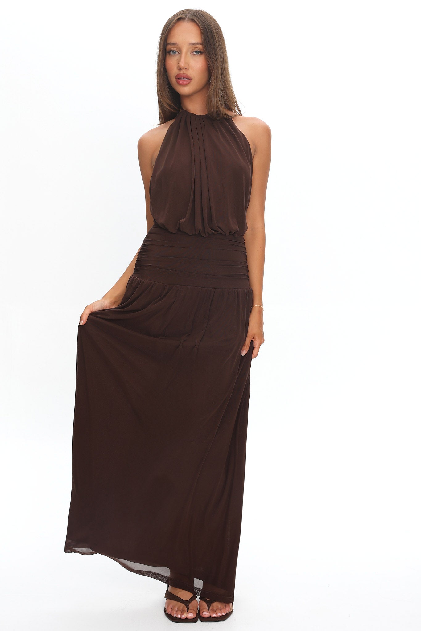 Entangled Backless Halter Maxi Dress Chocolate-Maymioy