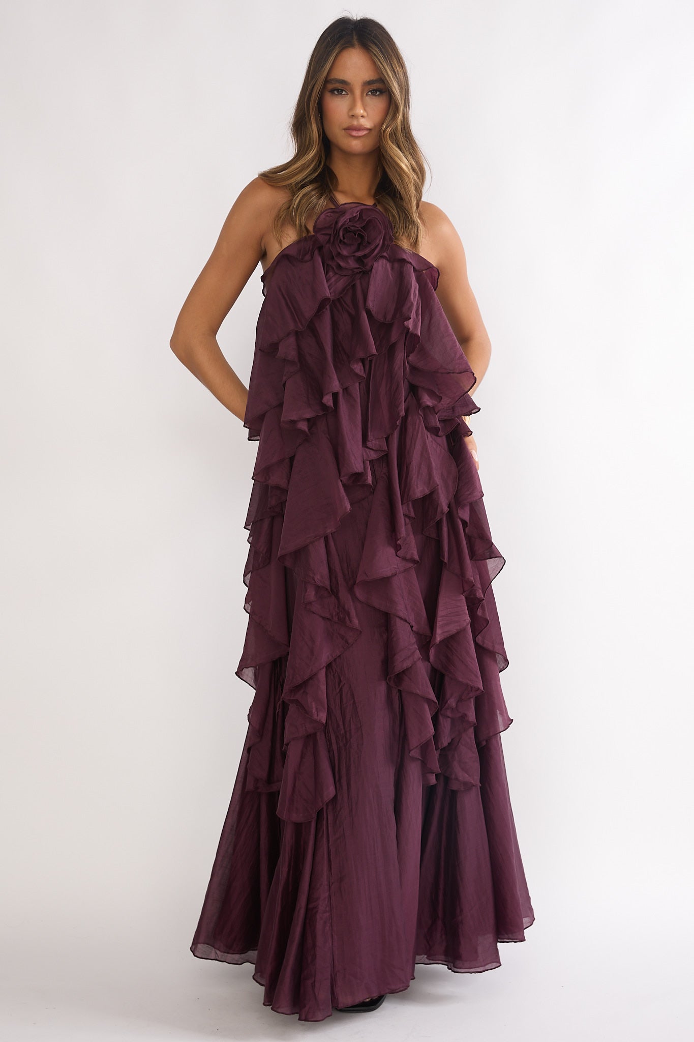 Secret Rendezvous Layered Ruffle Maxi Dress Maroon-Maymioy