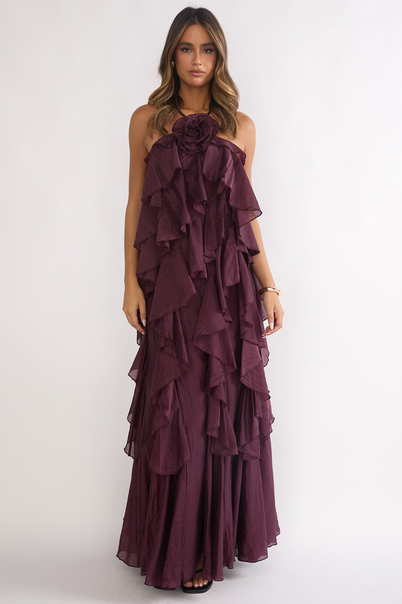 Secret Rendezvous Layered Ruffle Maxi Dress Maroon-Maymioy