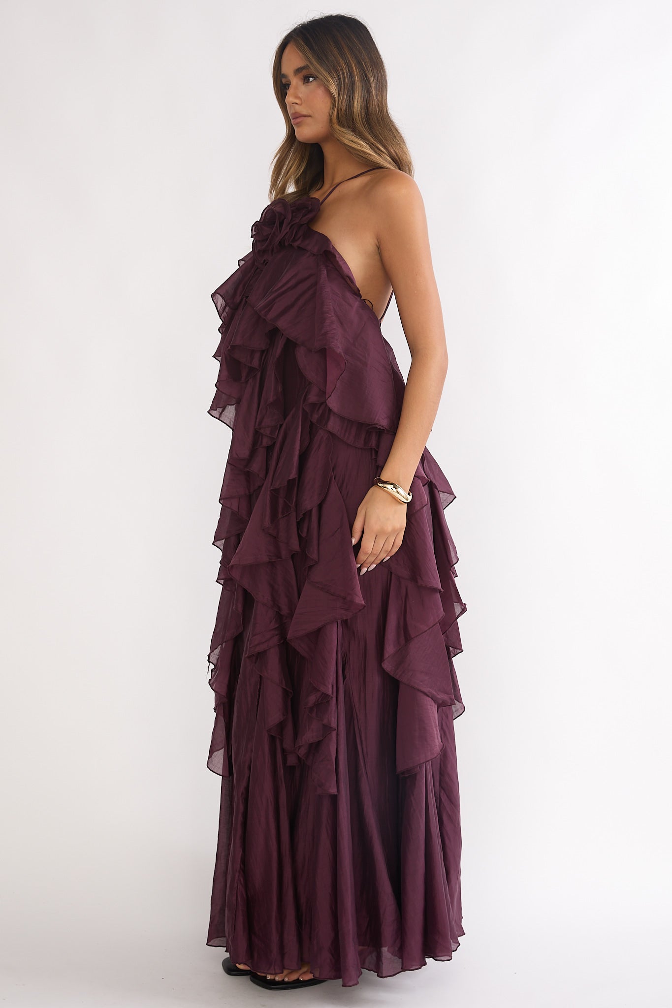 Secret Rendezvous Layered Ruffle Maxi Dress Maroon-Maymioy