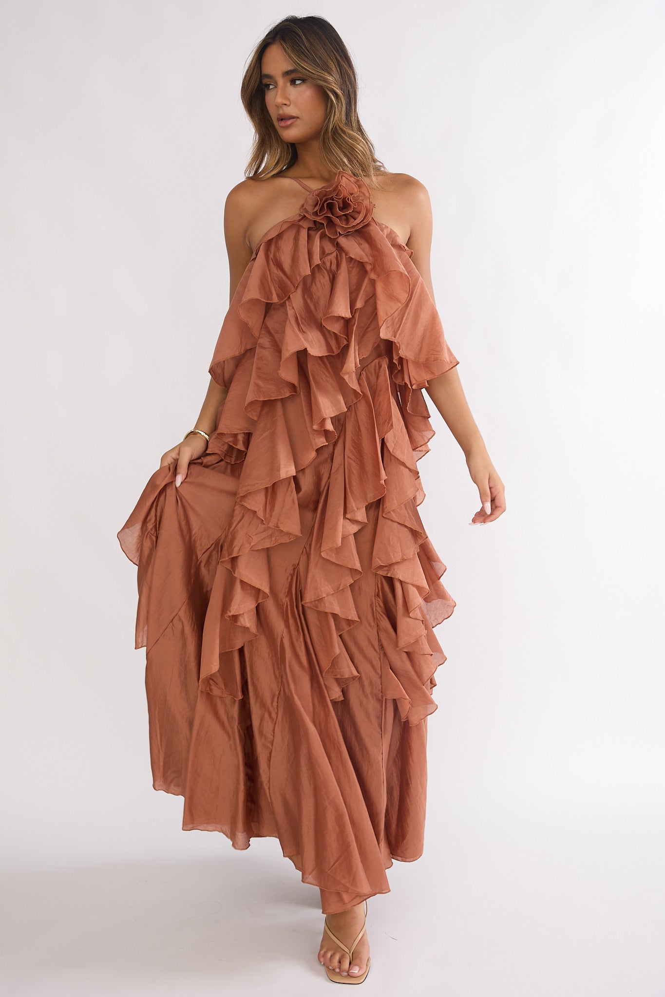 Secret Rendezvous Layered Ruffle Maxi Dress Rust-Maymioy