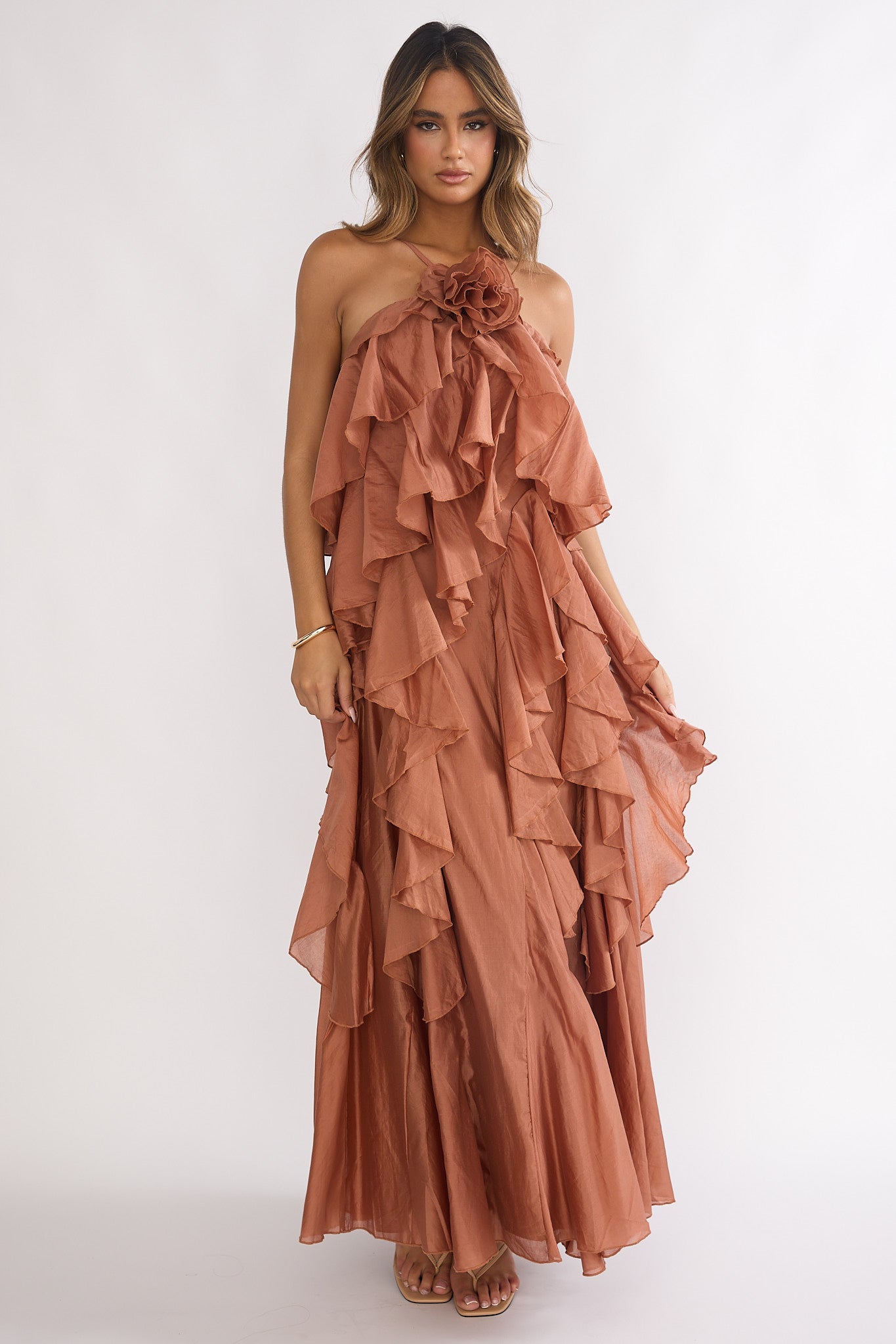 Secret Rendezvous Layered Ruffle Maxi Dress Rust-Maymioy