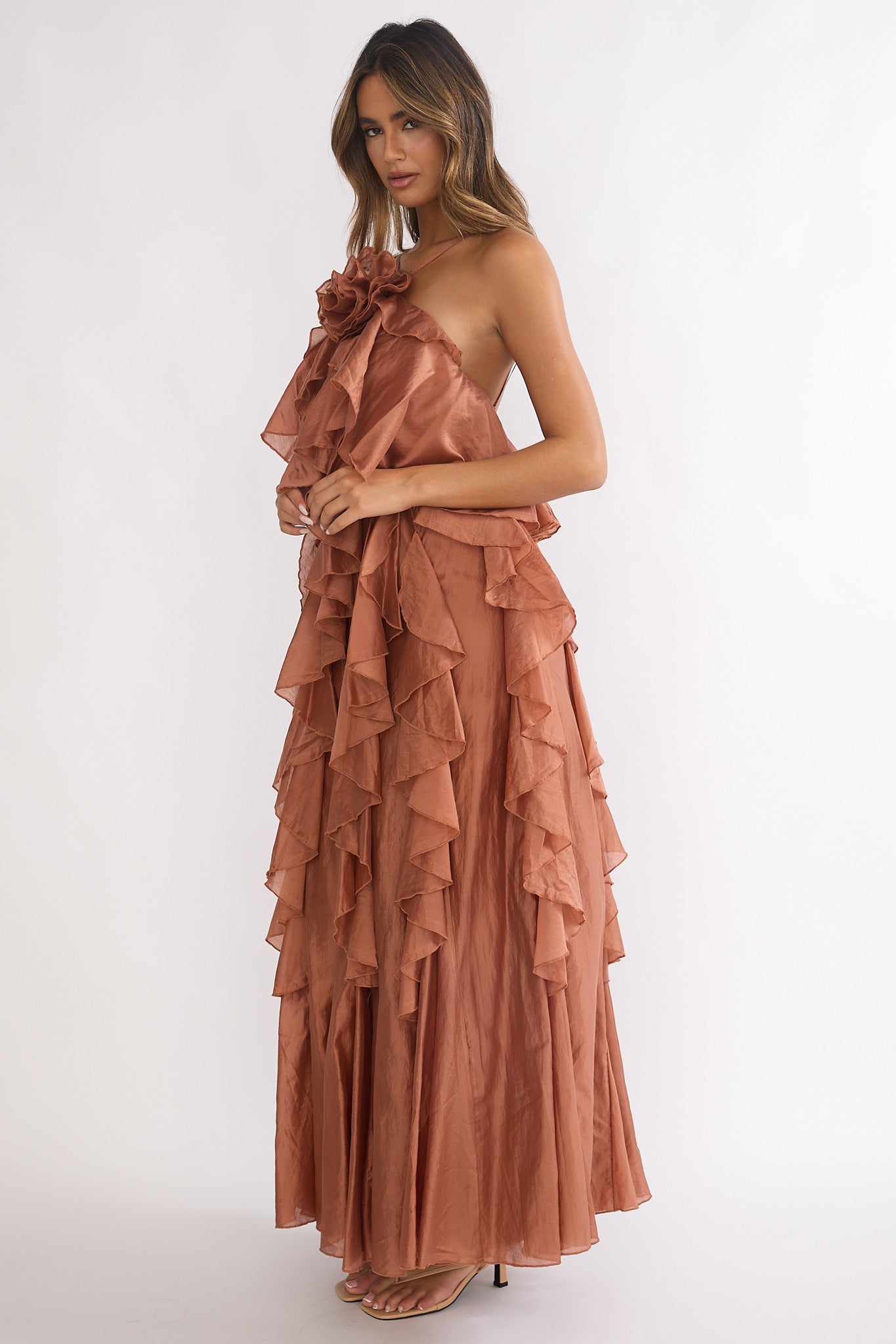 Secret Rendezvous Layered Ruffle Maxi Dress Rust-Maymioy