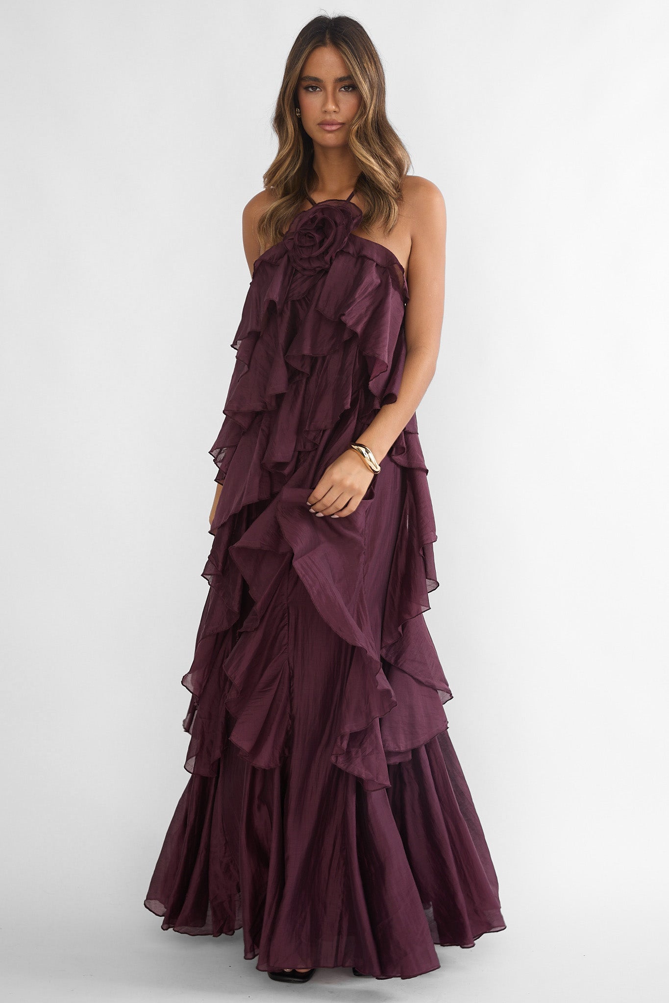 Secret Rendezvous Layered Ruffle Maxi Dress Maroon-Maymioy