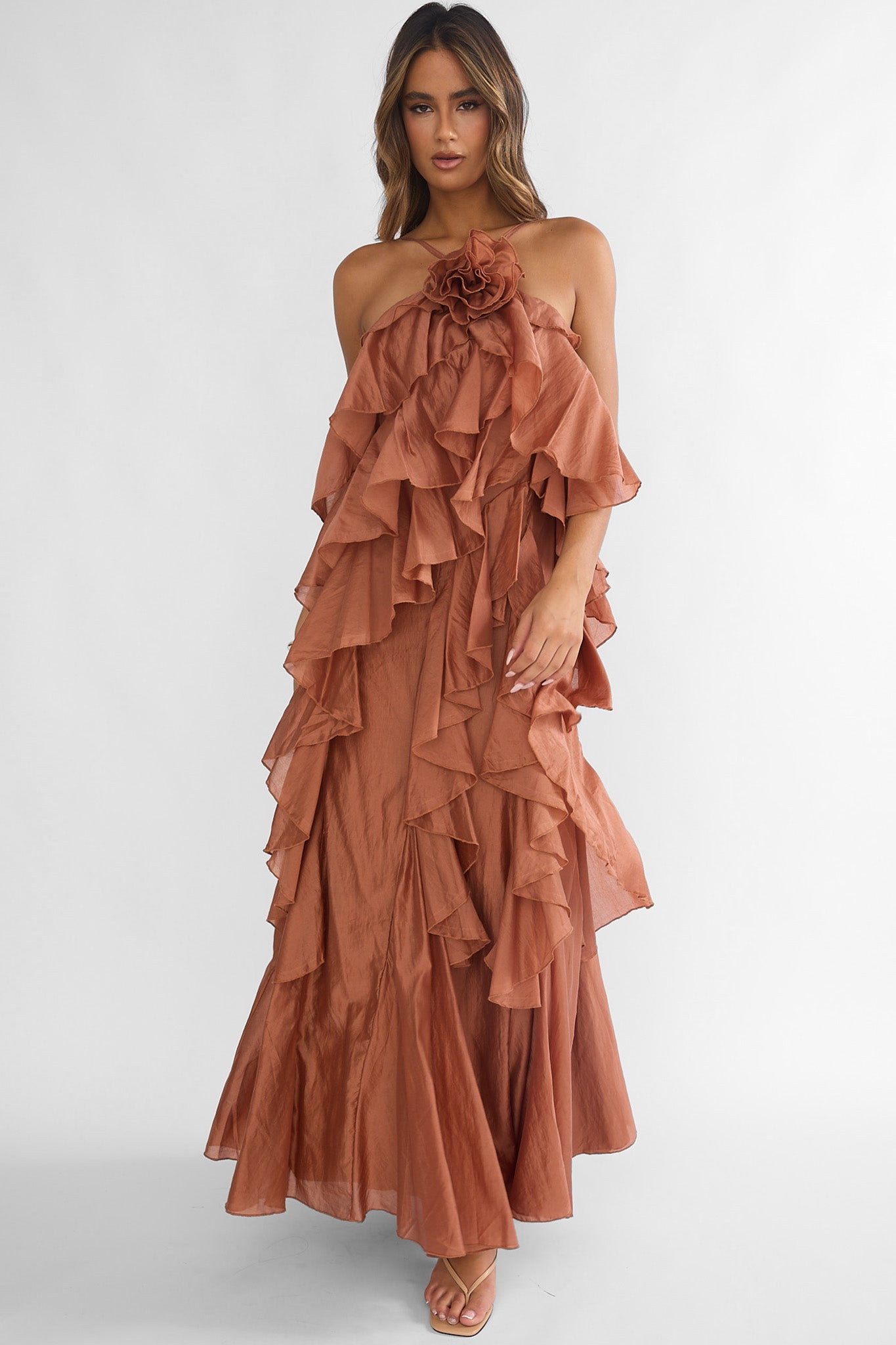 Secret Rendezvous Layered Ruffle Maxi Dress Rust-Maymioy