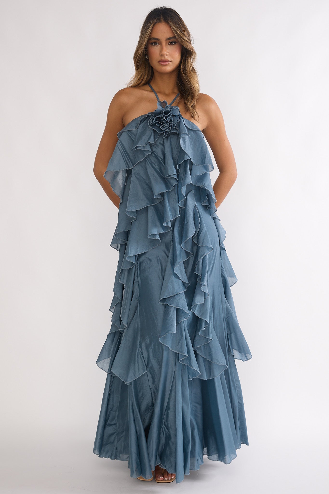 Oceara Ruffle Trim Spaghetti Strap Maxi Dress Slate Blue-Maymioy