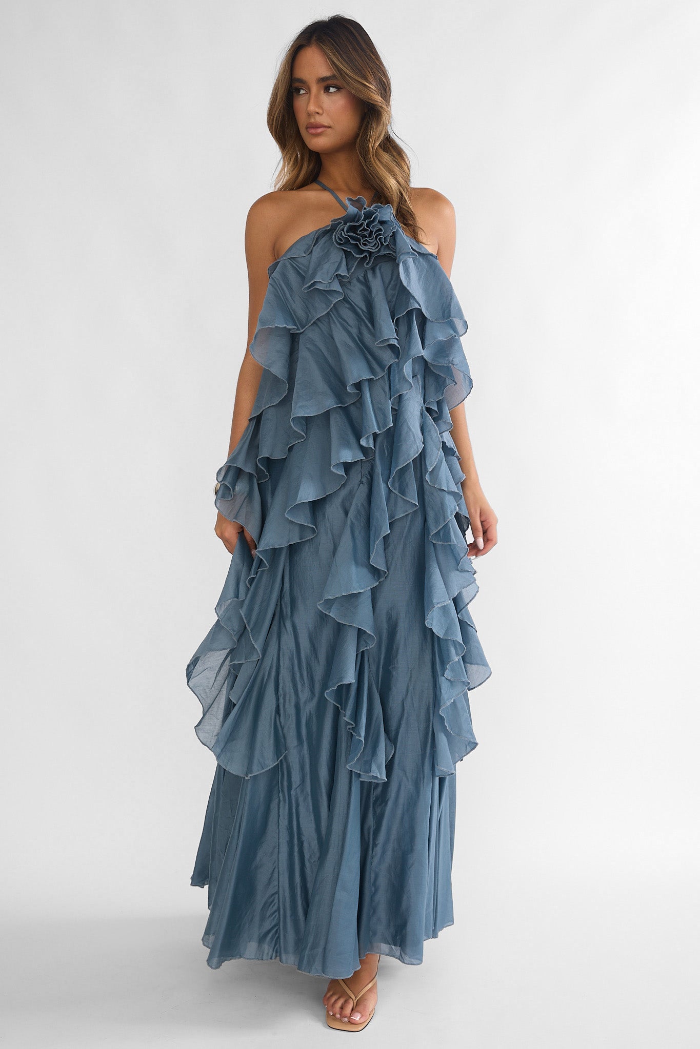 Oceara Ruffle Trim Spaghetti Strap Maxi Dress Slate Blue-Maymioy