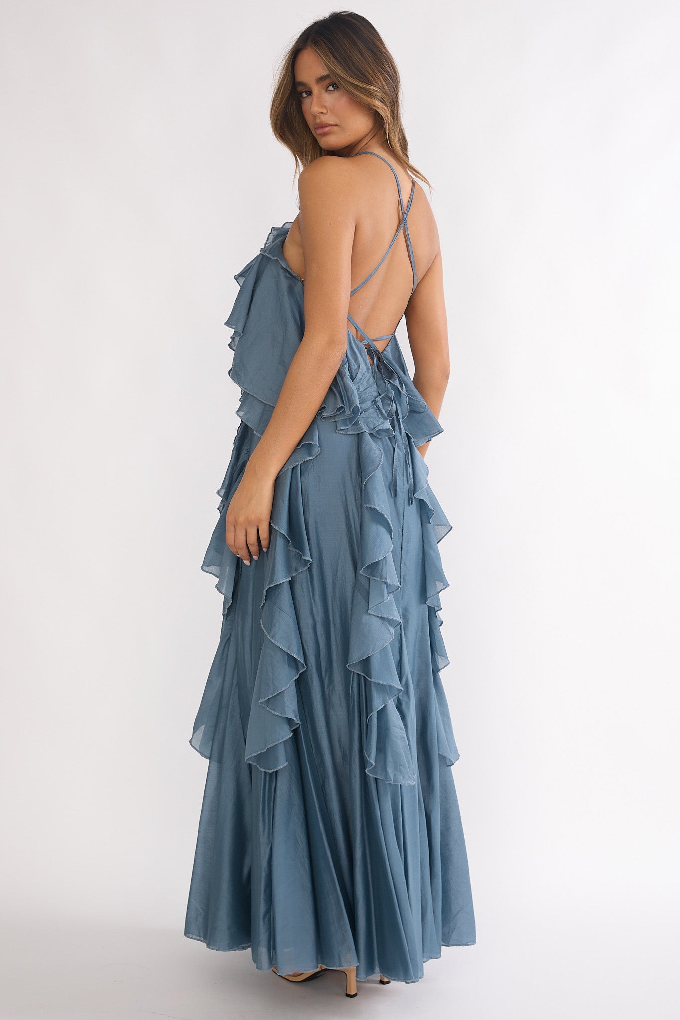 Oceara Ruffle Trim Spaghetti Strap Maxi Dress Slate Blue-Maymioy