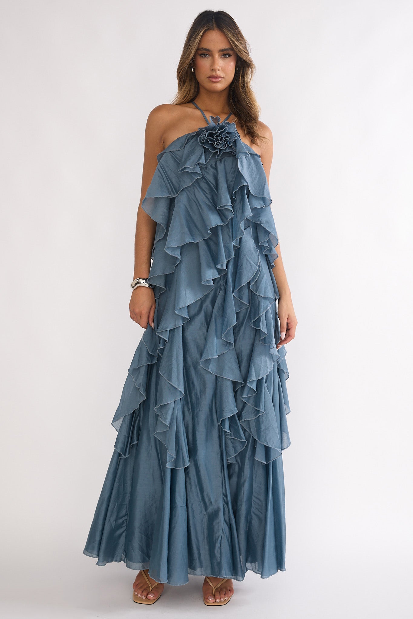 Oceara Ruffle Trim Spaghetti Strap Maxi Dress Slate Blue-Maymioy