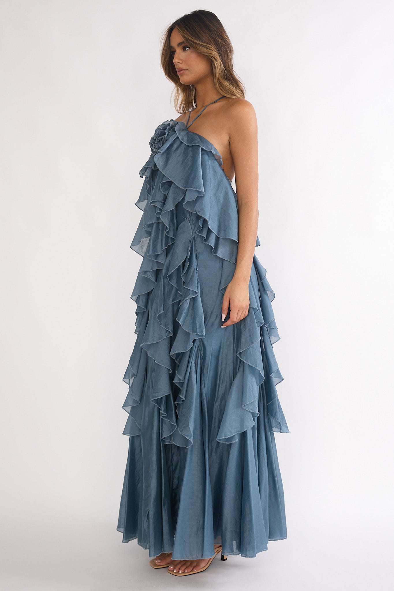 Oceara Ruffle Trim Spaghetti Strap Maxi Dress Slate Blue-Maymioy