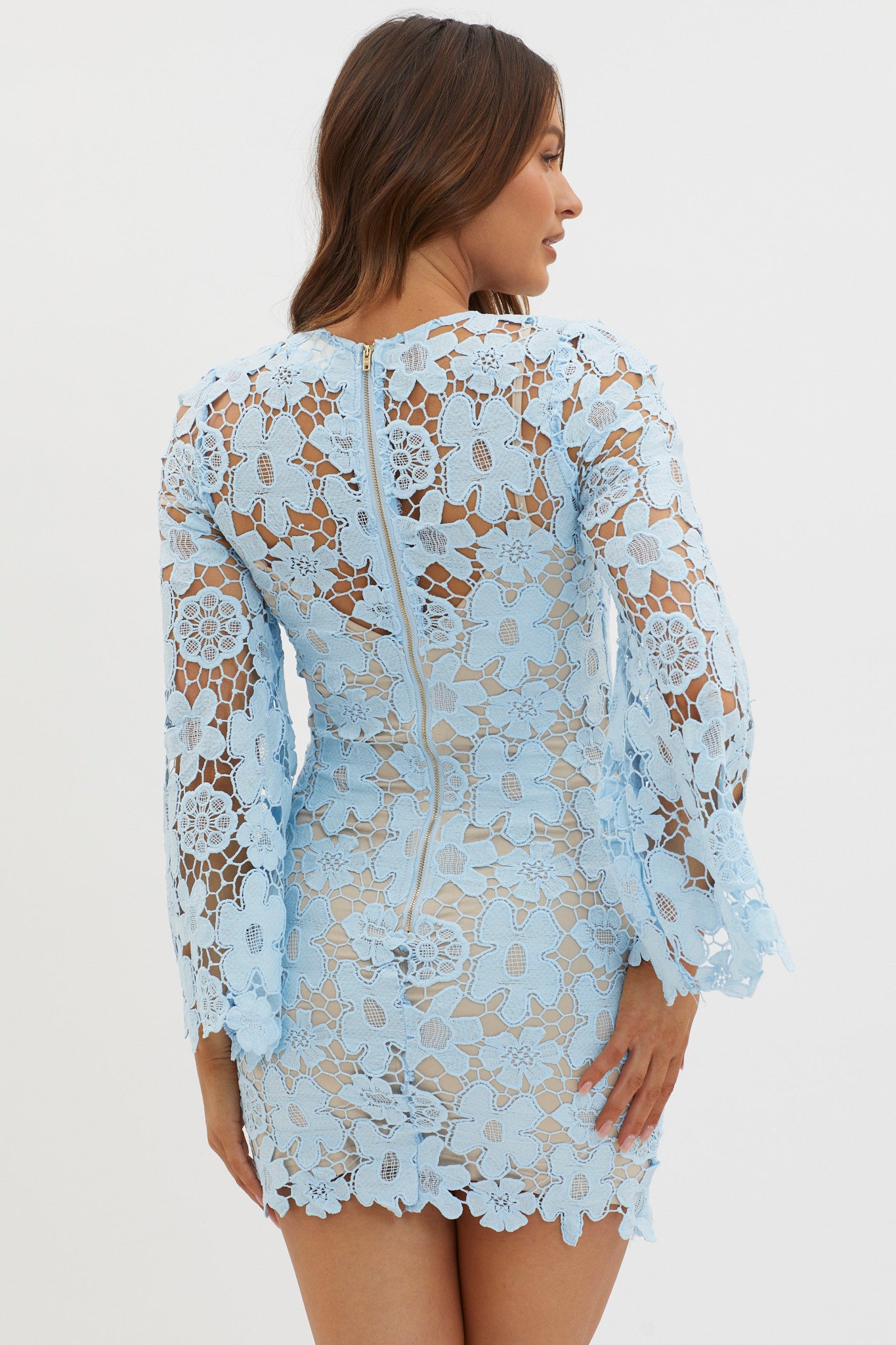 Reinhart Flared Sleeve Crochet Lace Dress Baby Blue-Maymioy