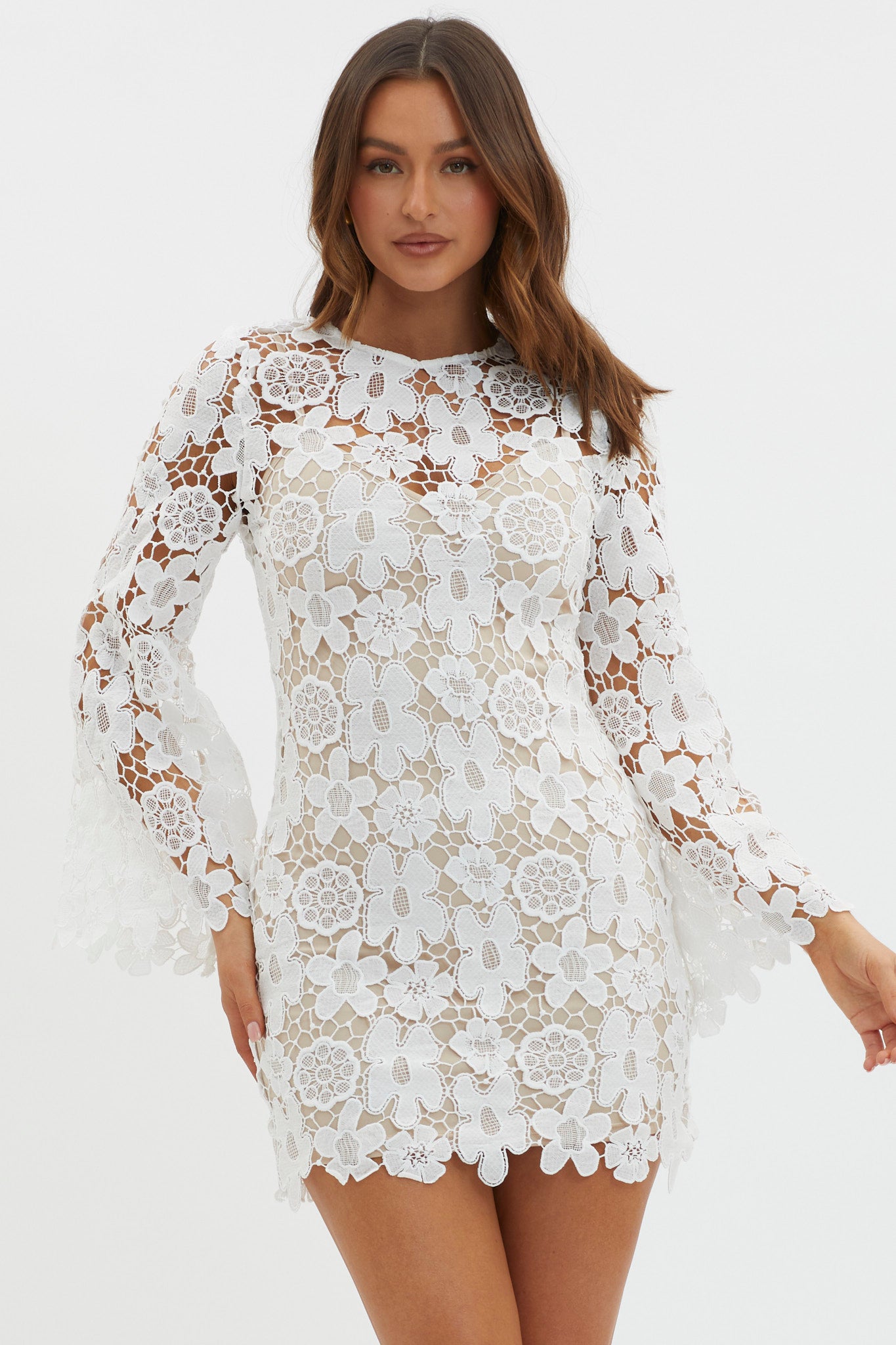 Reinhart Flared Sleeve Crochet Lace Dress White-Maymioy