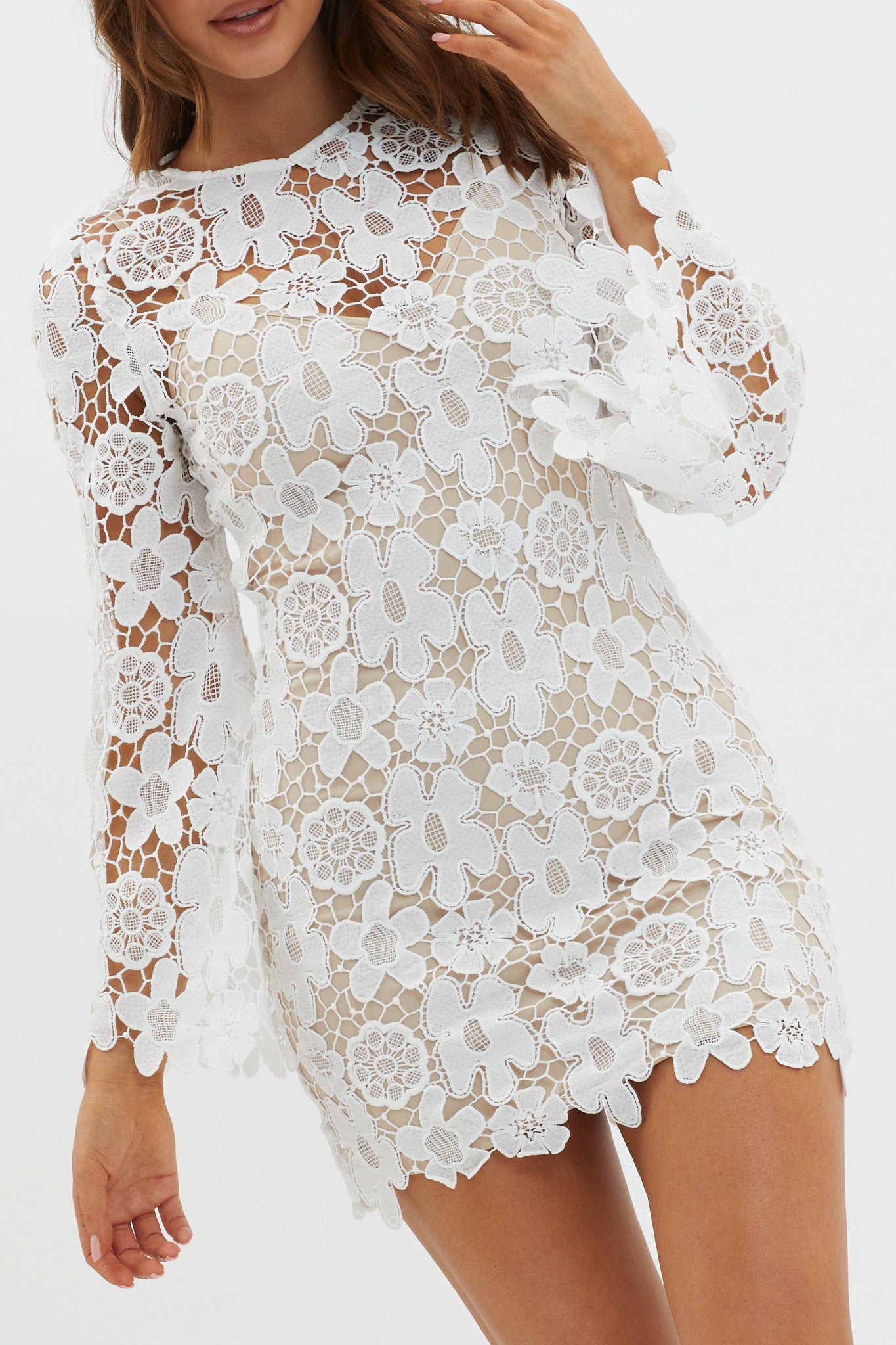Reinhart Flared Sleeve Crochet Lace Dress White-Maymioy