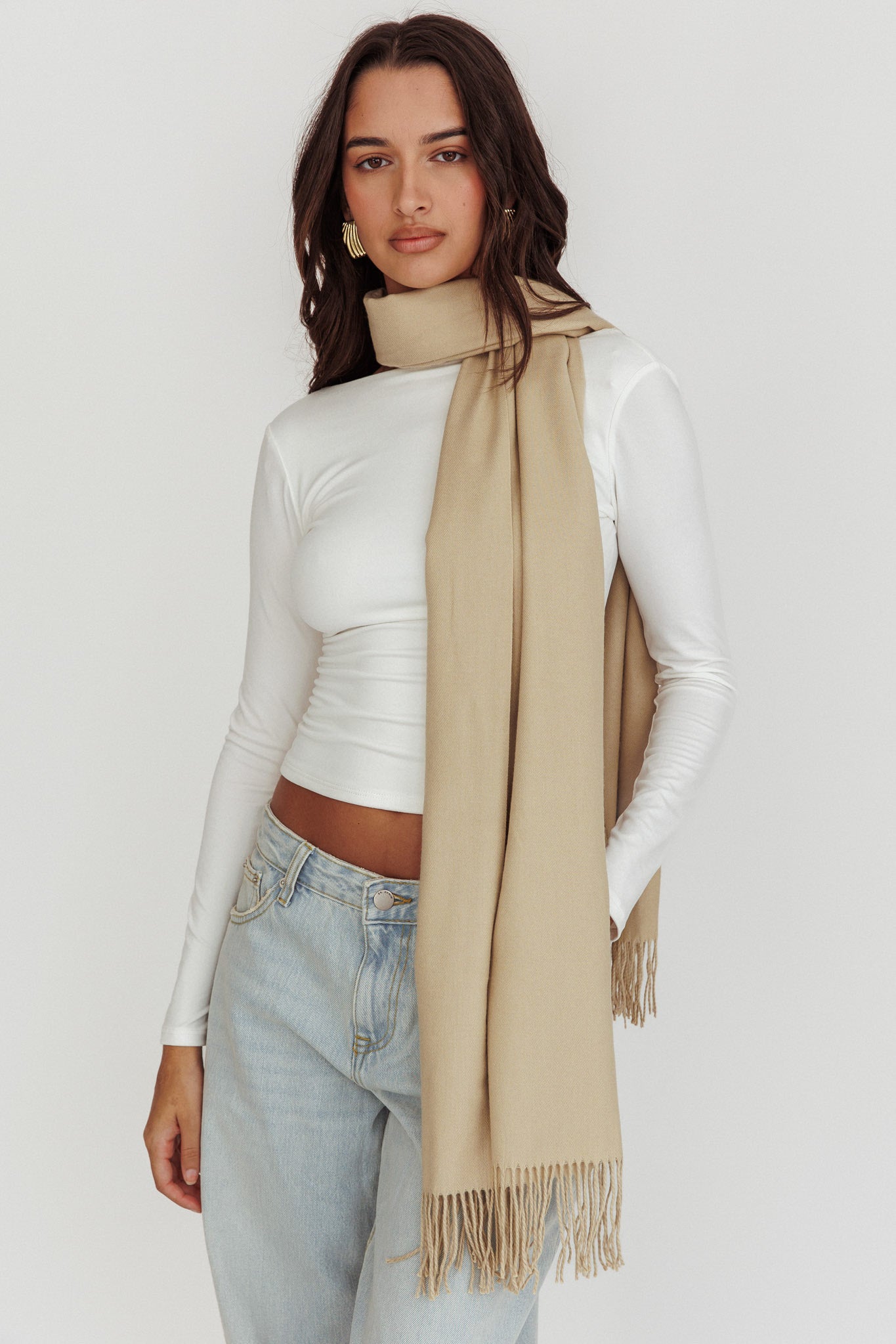 Diona Cashmere and Wool Fringed Scarf Beige-Maymioy