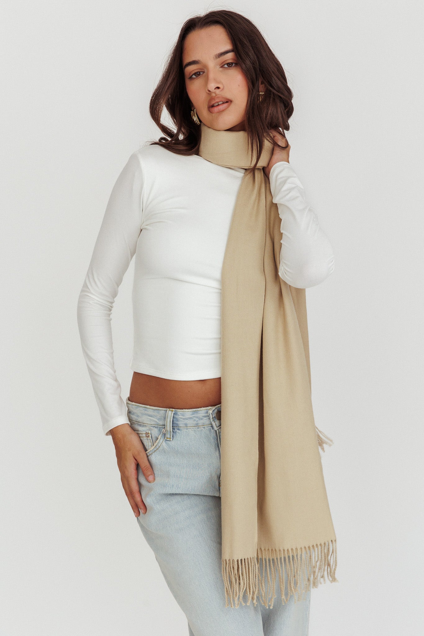 Diona Cashmere and Wool Fringed Scarf Beige-Maymioy