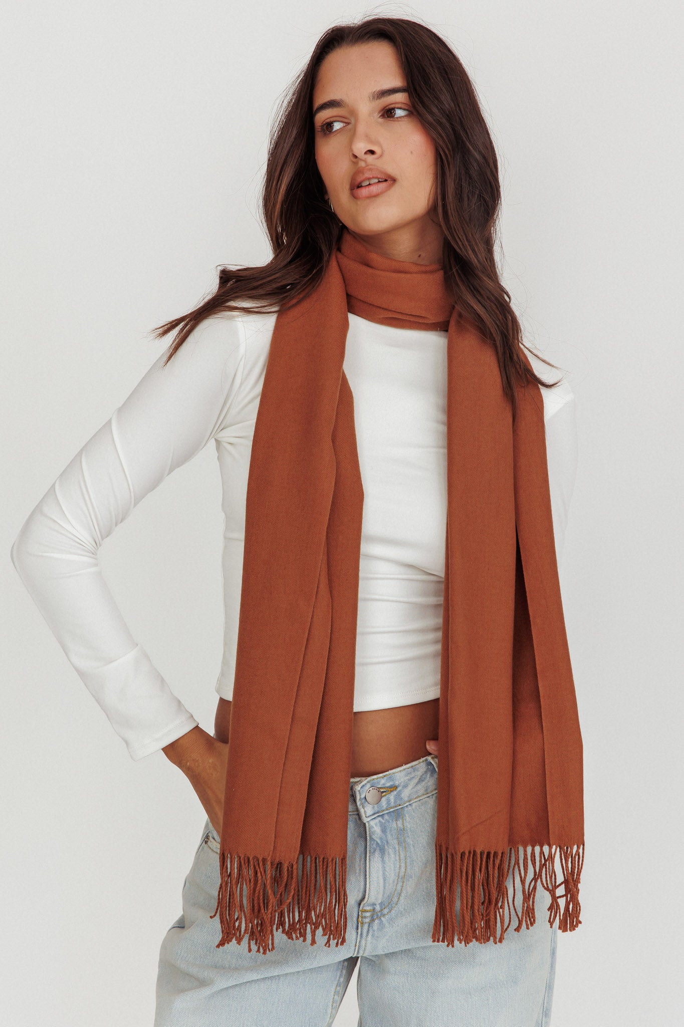 Diona Cashmere and Wool Fringed Scarf Brown-Maymioy