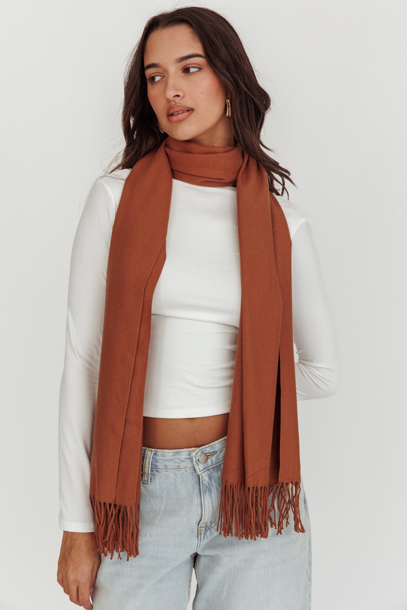 Diona Cashmere and Wool Fringed Scarf Brown-Maymioy