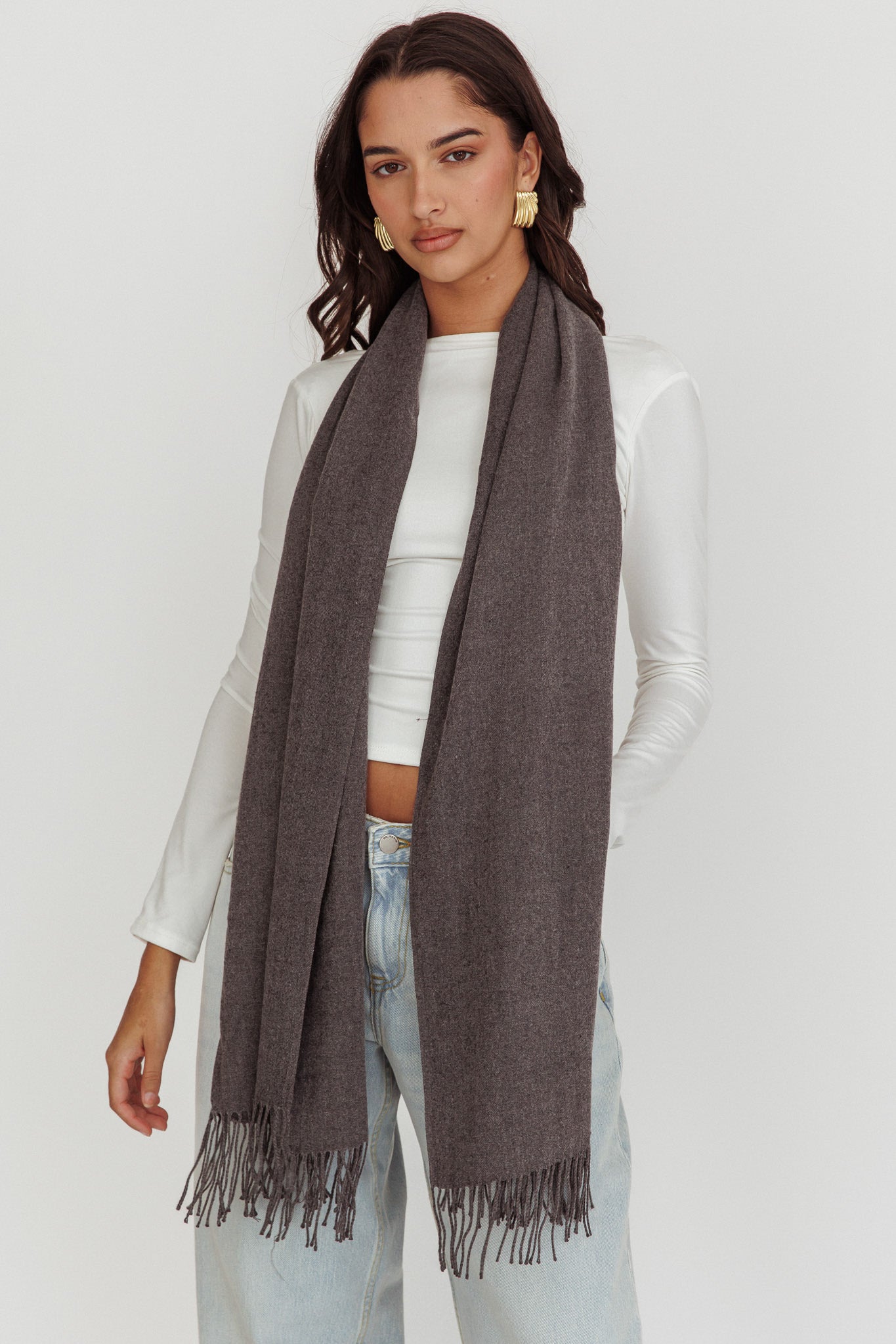 Diona Cashmere and Wool Fringed Scarf Grey-Maymioy