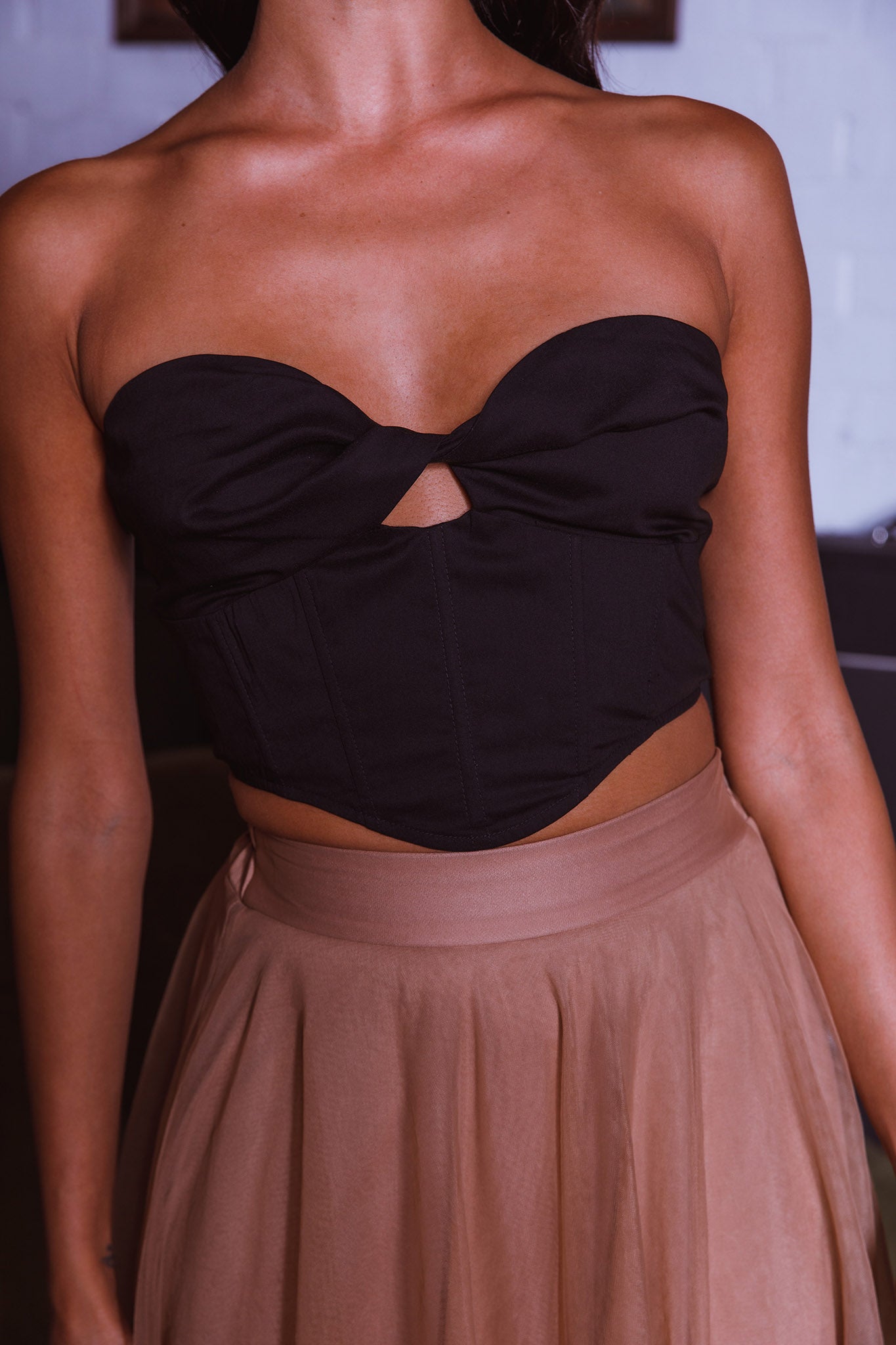 Think Twice Strapless Twist Top Black-Maymioy