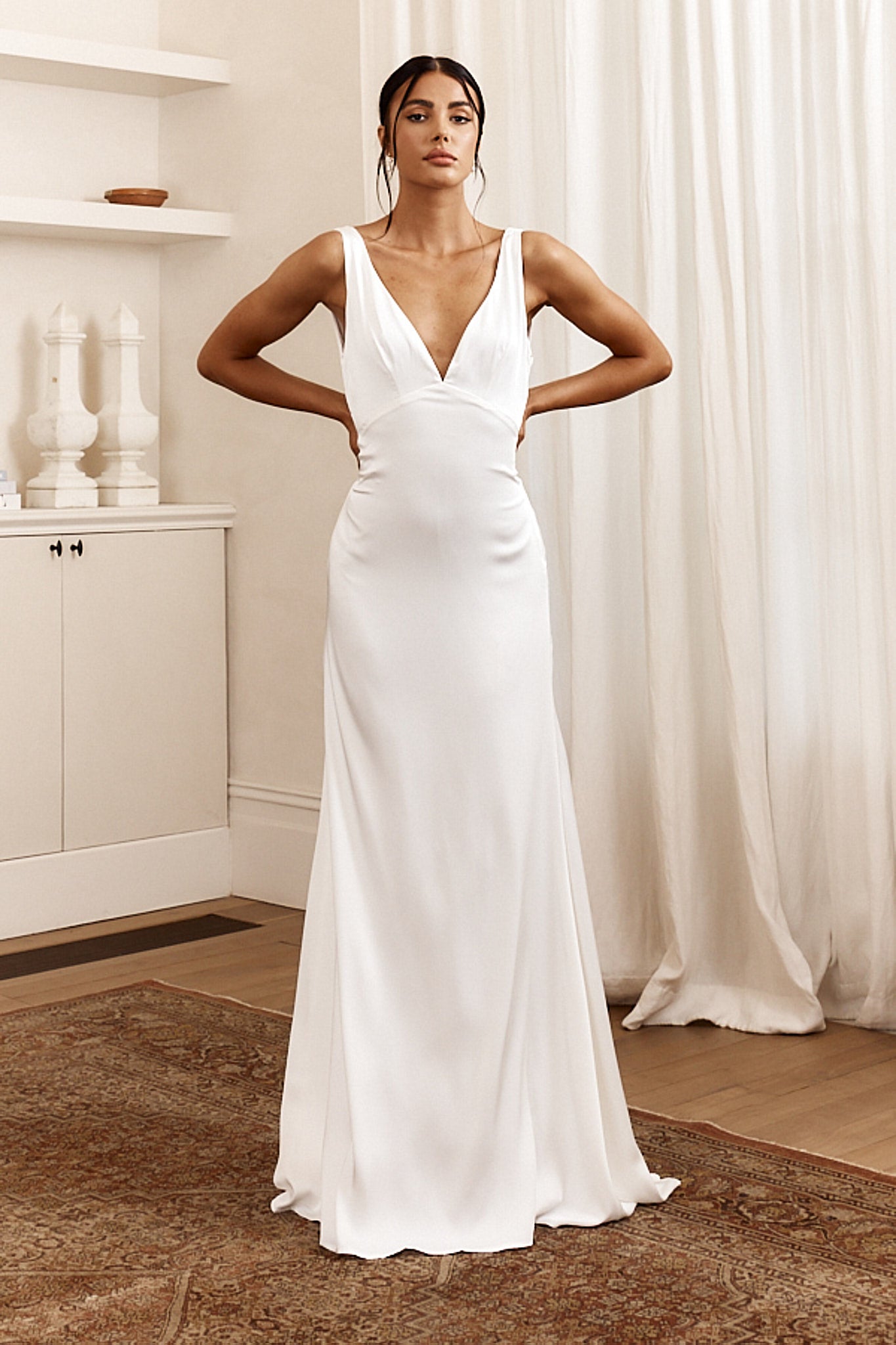 See The Sun V-Neckline Satin Maxi Dress White-Maymioy