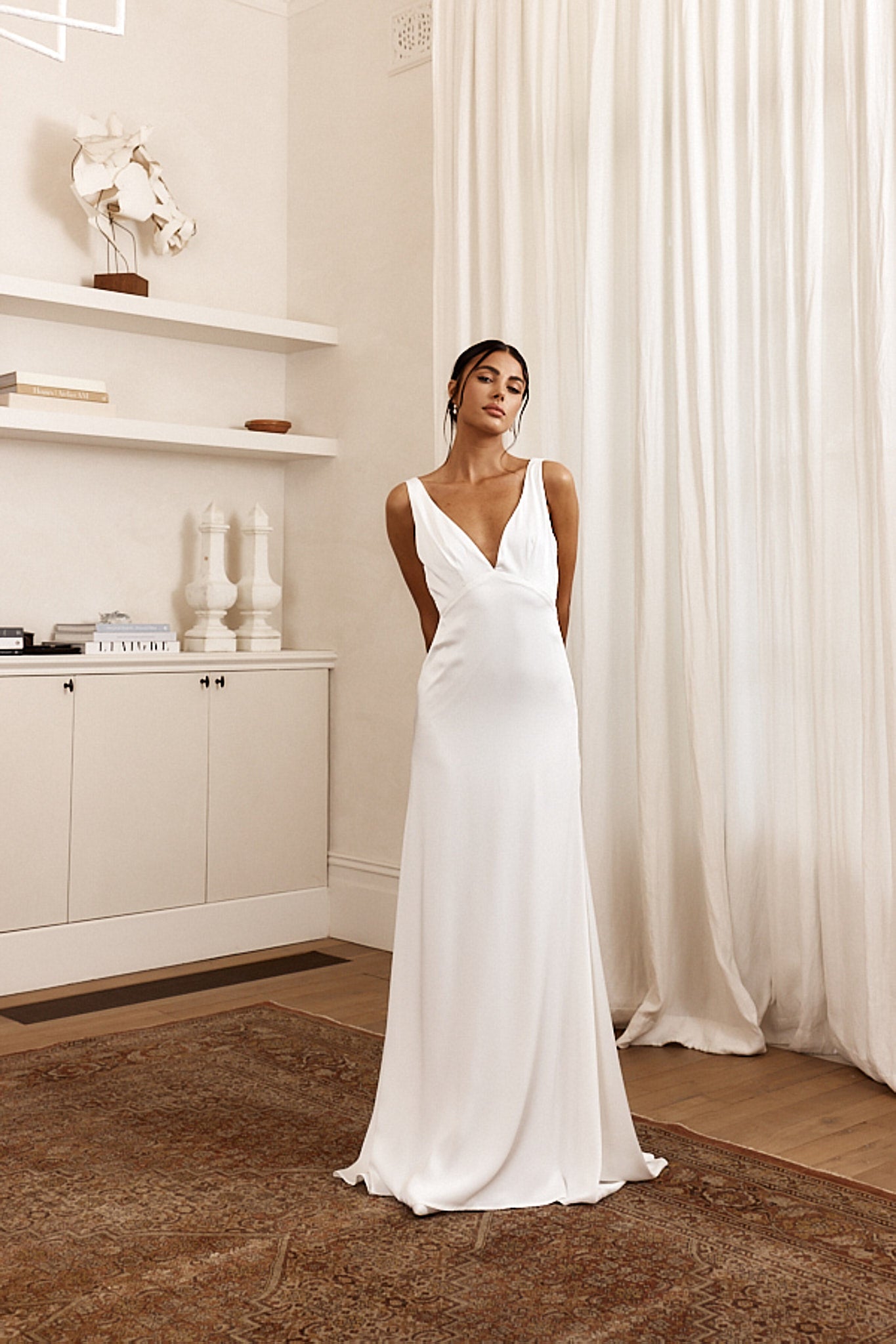 See The Sun V-Neckline Satin Maxi Dress White-Maymioy